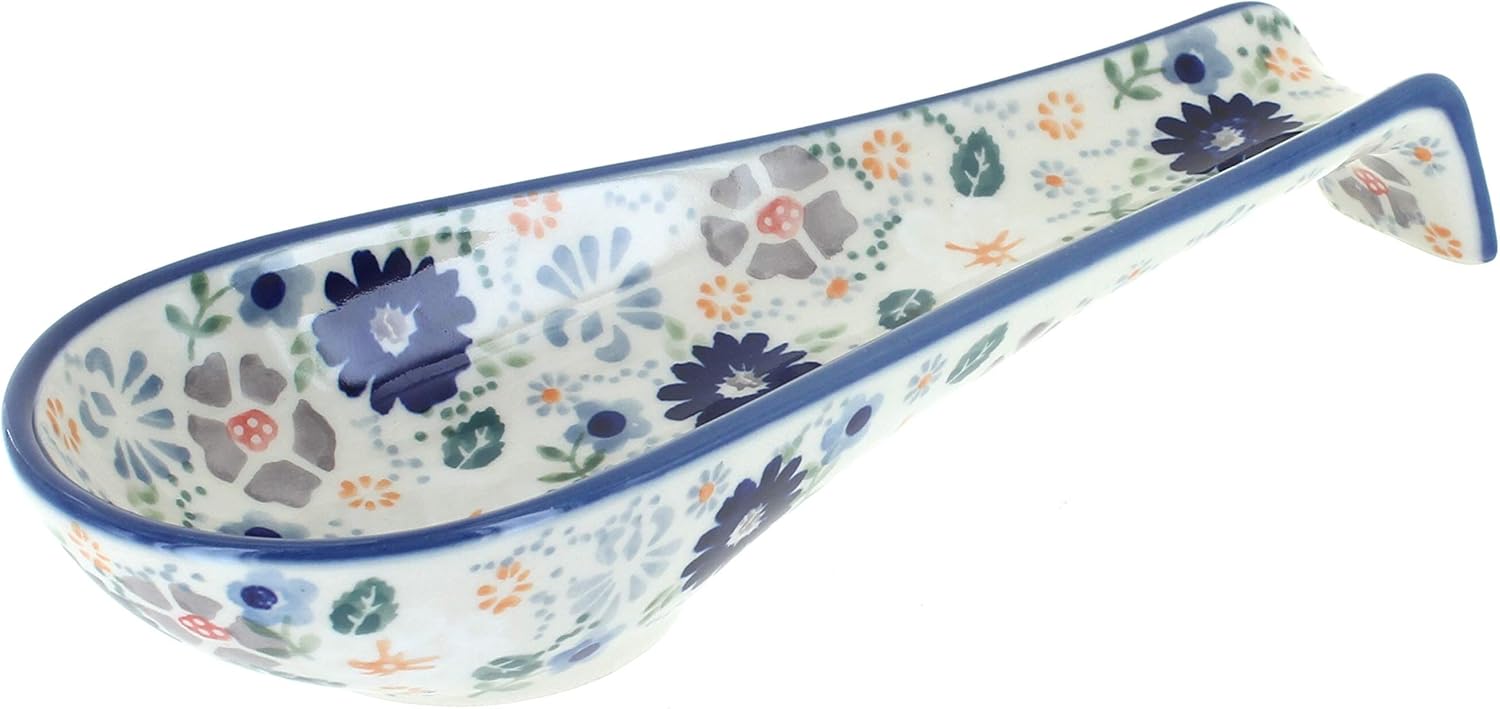 Blue Rose Polish Pottery - Blue Violet Medium Spoon Rest - 9.5" x 3.5" - Heat-Resistant Decorative Spoon Holder for Cooking