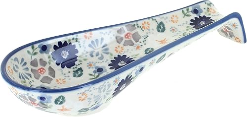 Soporte de cuchara grande de cerámica con esmalte de rosa azul