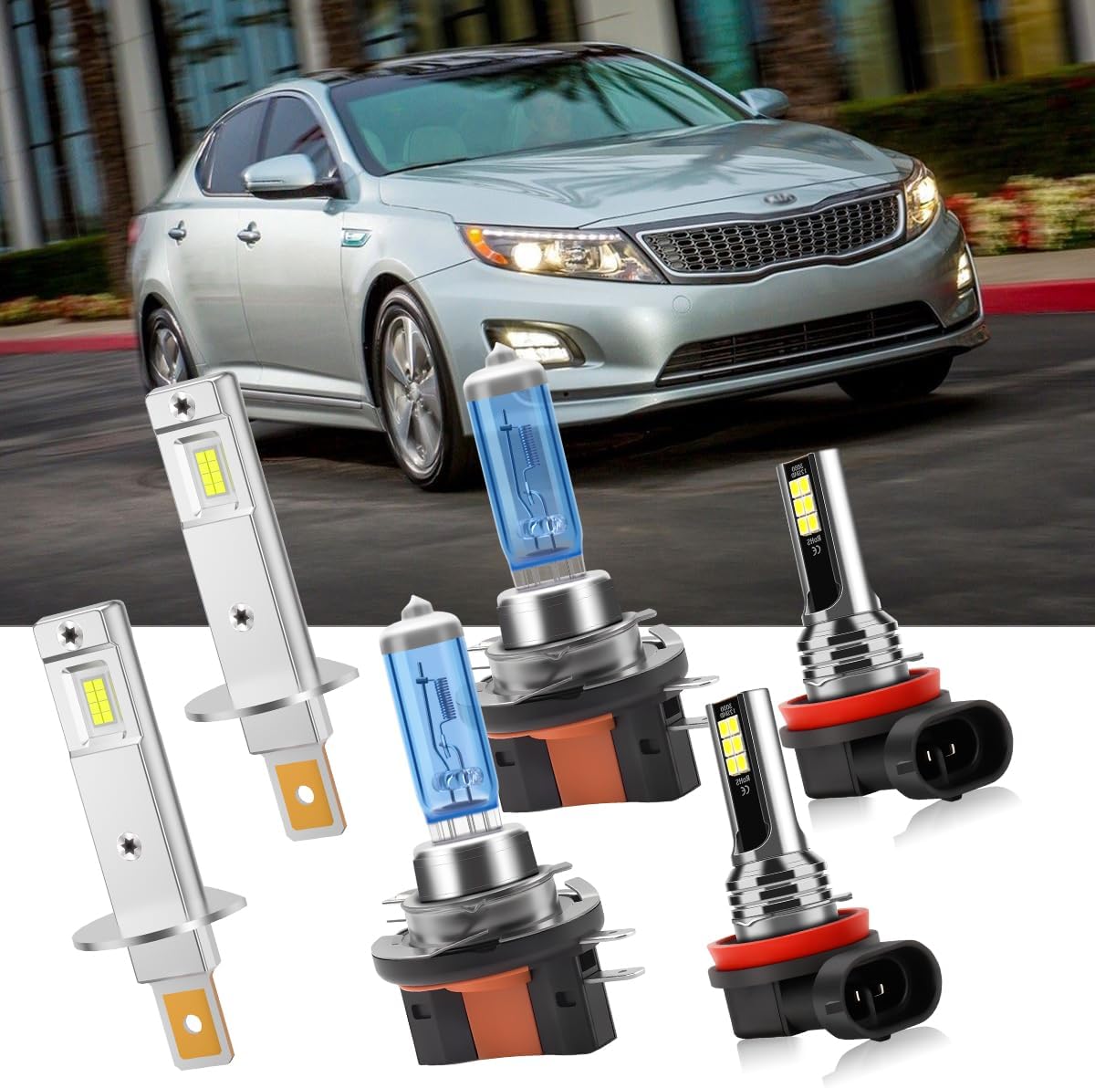 Automotive Front Light Bulbs, H1 and H11B and H11 Front Light Combo, 6000K with Built-in Fan for For Kia Optima 2011-2015 (Standard Modes), High and Low Beam and Fog Lights, 12-24V, 6-Pack