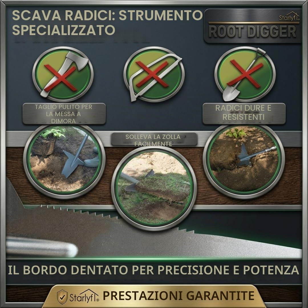 STARLYF Pala da Scavo Root Digger, Vanga da giardino con manico a lama trapezoidale, Alta Qualità Vanga Taglio, Denti ultra affilati in acciaio, manico 360°, 123 cm, robusto e durevole