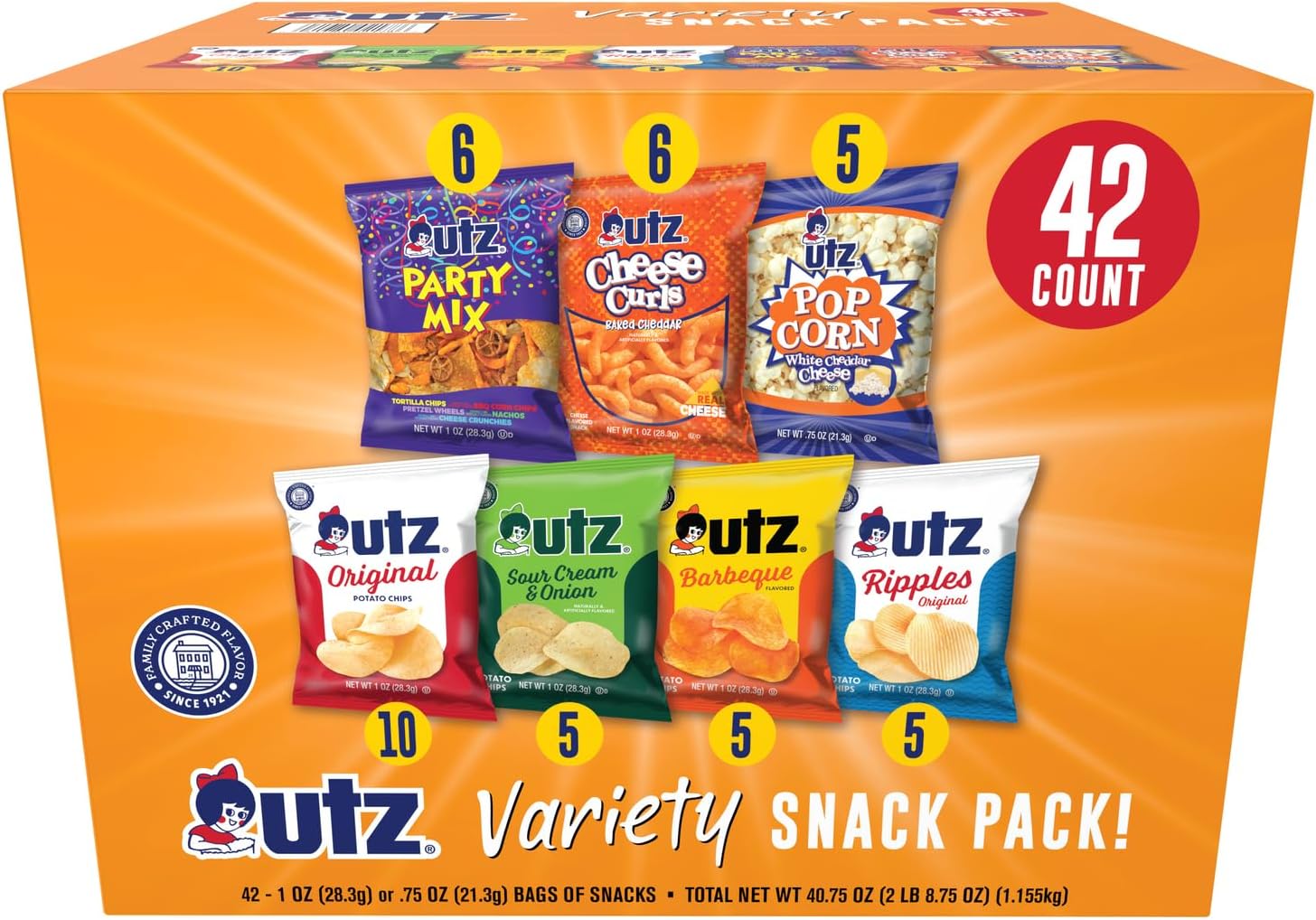 Snack Variety Pack Individual Snacks, Includes Potato Chips, Cheese Curls, Popcorn, and Party Mix, Crunchy Travel Snacks for Lunches, Vending Machines, and Enjoying on the Go (Pack of 42)