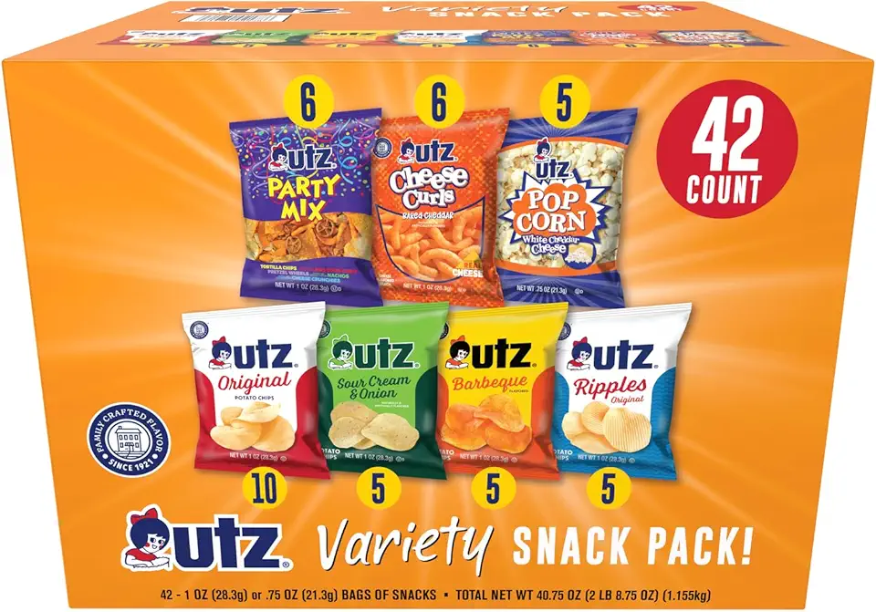 Utz Snack Variety Pack Individual Snacks, Includes Potato Chips, Cheese Curls, Popcorn, and Party Mix, Crunchy Travel Snacks for Lunches, Vending Machines, and Enjoying on the Go (Pack of 42)