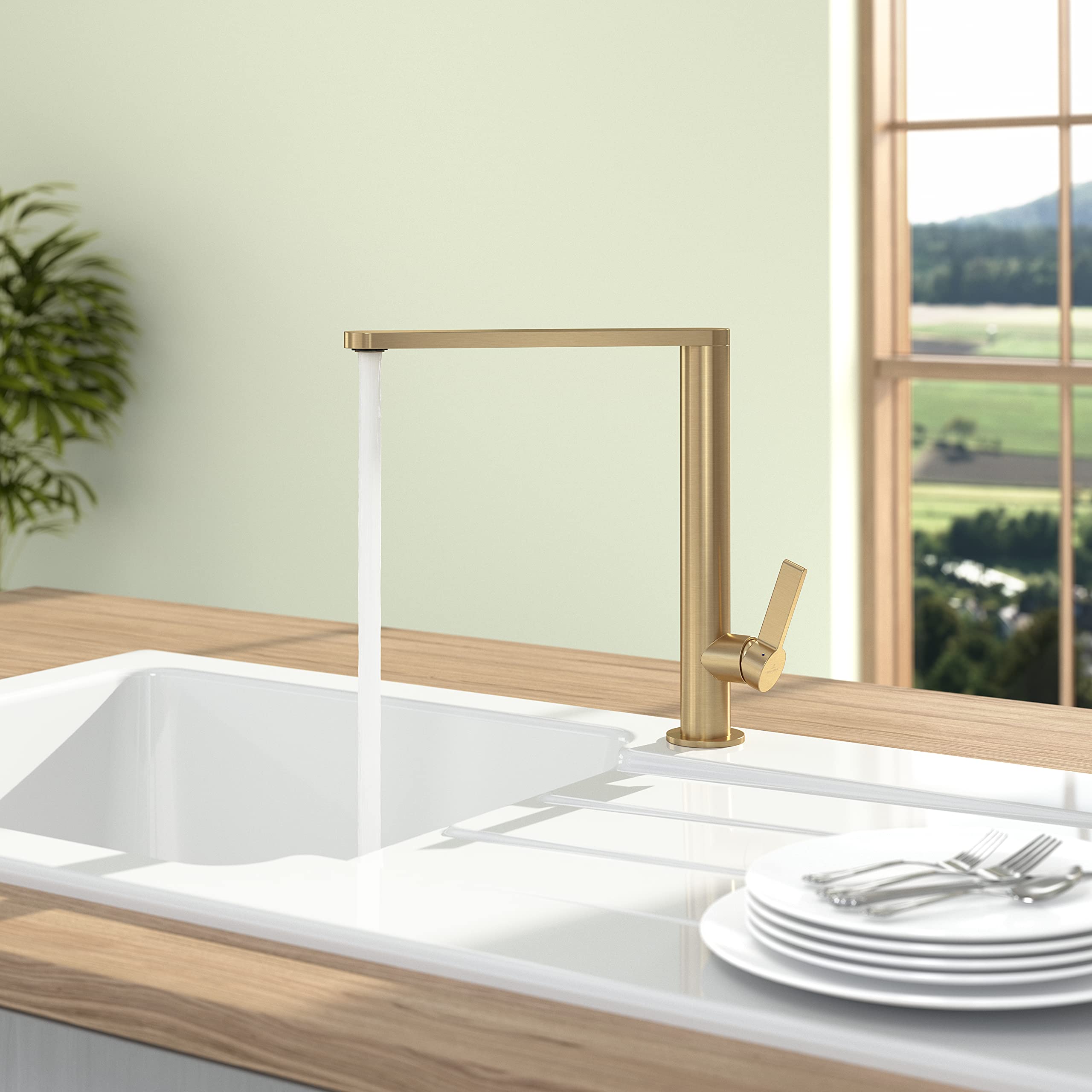Villeroy & Boch Finera Küchenarmatur, Hochdruck, Wasserhahn Küche mit Keramikkartusche und 360° Schwenkbereich, Spültischarmatur wassersparend, Auslauf Höhe 251mm, Gold
