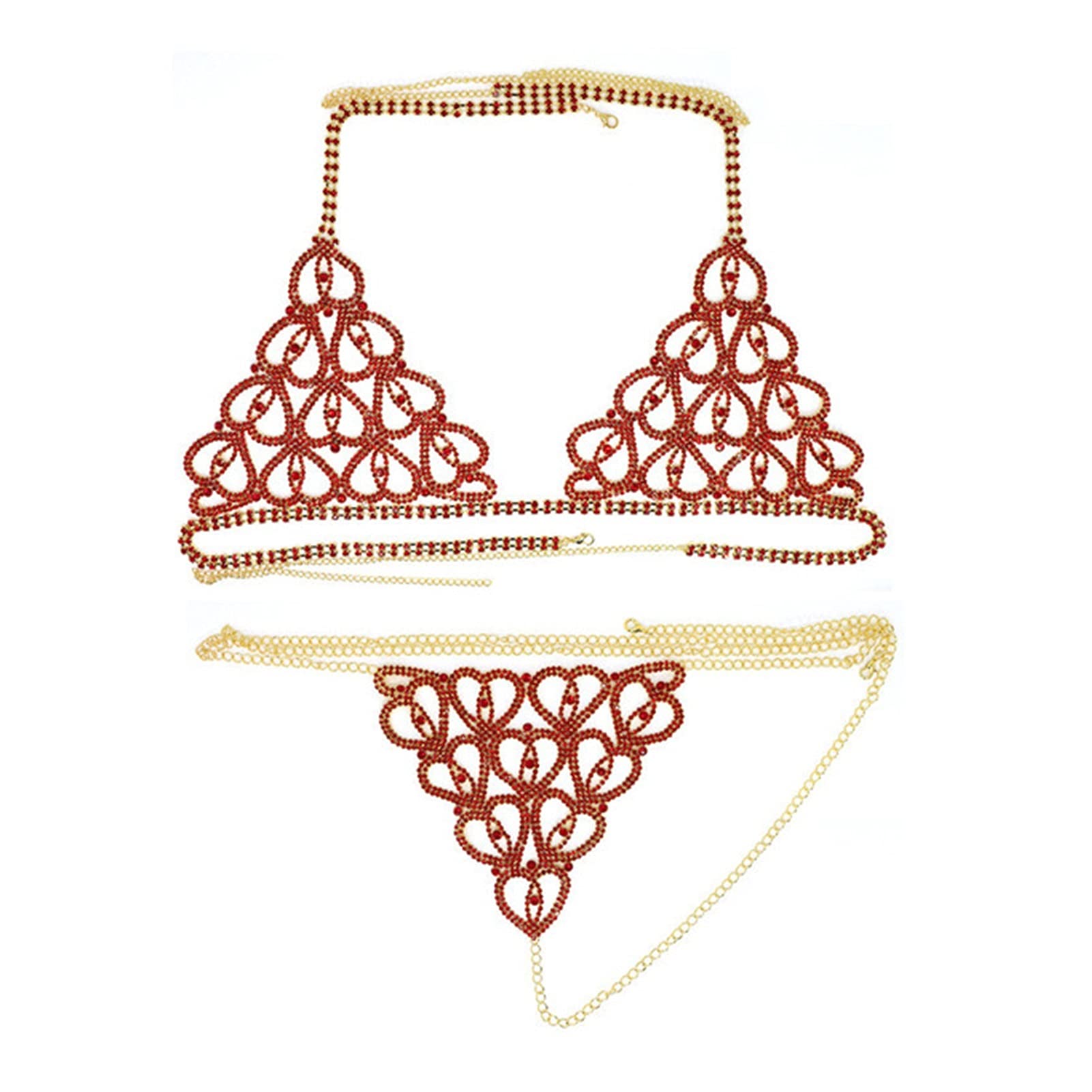 RWRAPS Sexy Luxus-Herzkristall-Bikinigeschirr für Damen, modische Dessous-Kette, Bling-Strass-BH und Tanga-Set, Schmuck, Körperschmuck für Damen (Metallfarbe: 4) (1 Silber-Set) (B 1 Silber-Set) (B 5)