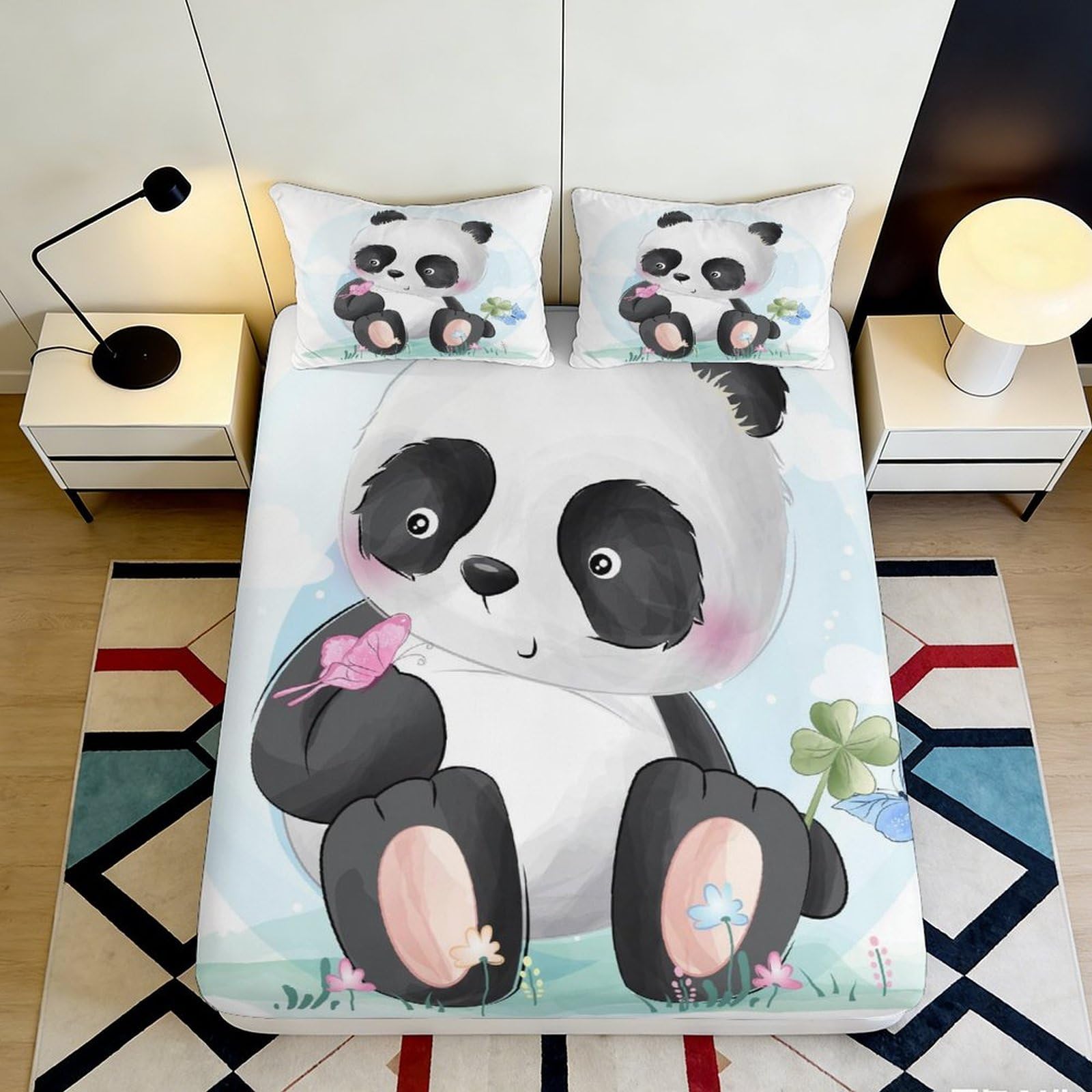 3D Printed Cute Panda Fitted Sheet Microfiber Soft Breathable Cartoon Bamboo Mattress Cover for Bedroom Guest Room Decor 90x200x25cm