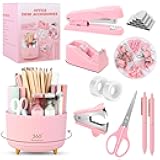 SKYDUE Pink Office Supplies Set, Pencil Holder for Desk,Gel Pen, Stapler, Tape Dispenser, Scissors,Clips and 1000pcs Staples, Office Decor for Women, Pink Desk Accessories