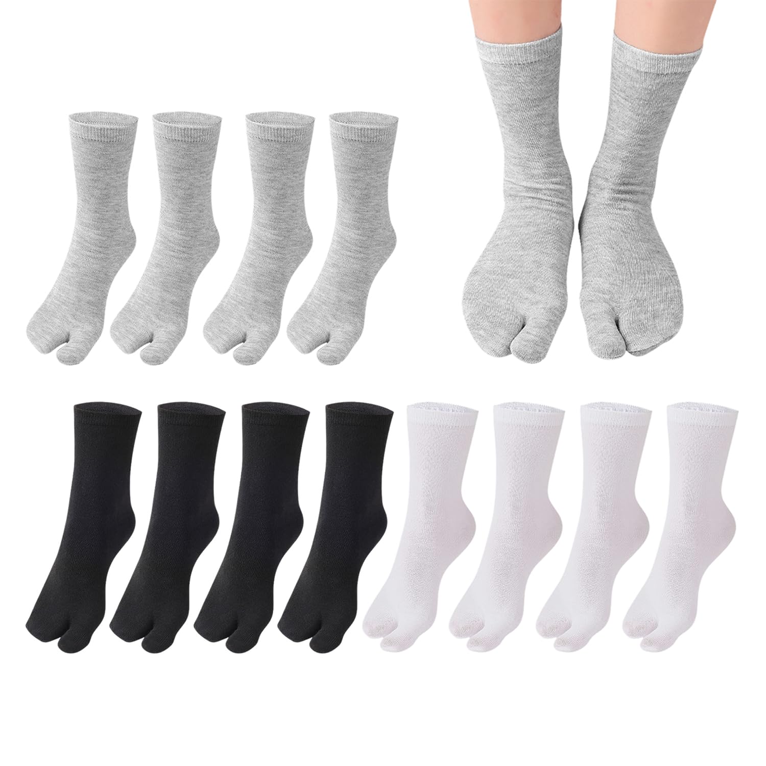 6 Pairs Cotton Tabi Socks for Flip Flop and Sandals - Breathable, Elastic Unisex Yoga Toe Style (Black, White, Gray)