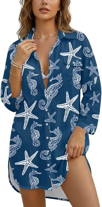 Swimsuit Coverup for Women Button Down Long Sleeve Bikini T-Shirt Dress Lightweight V Neck Swimwear Beachwear