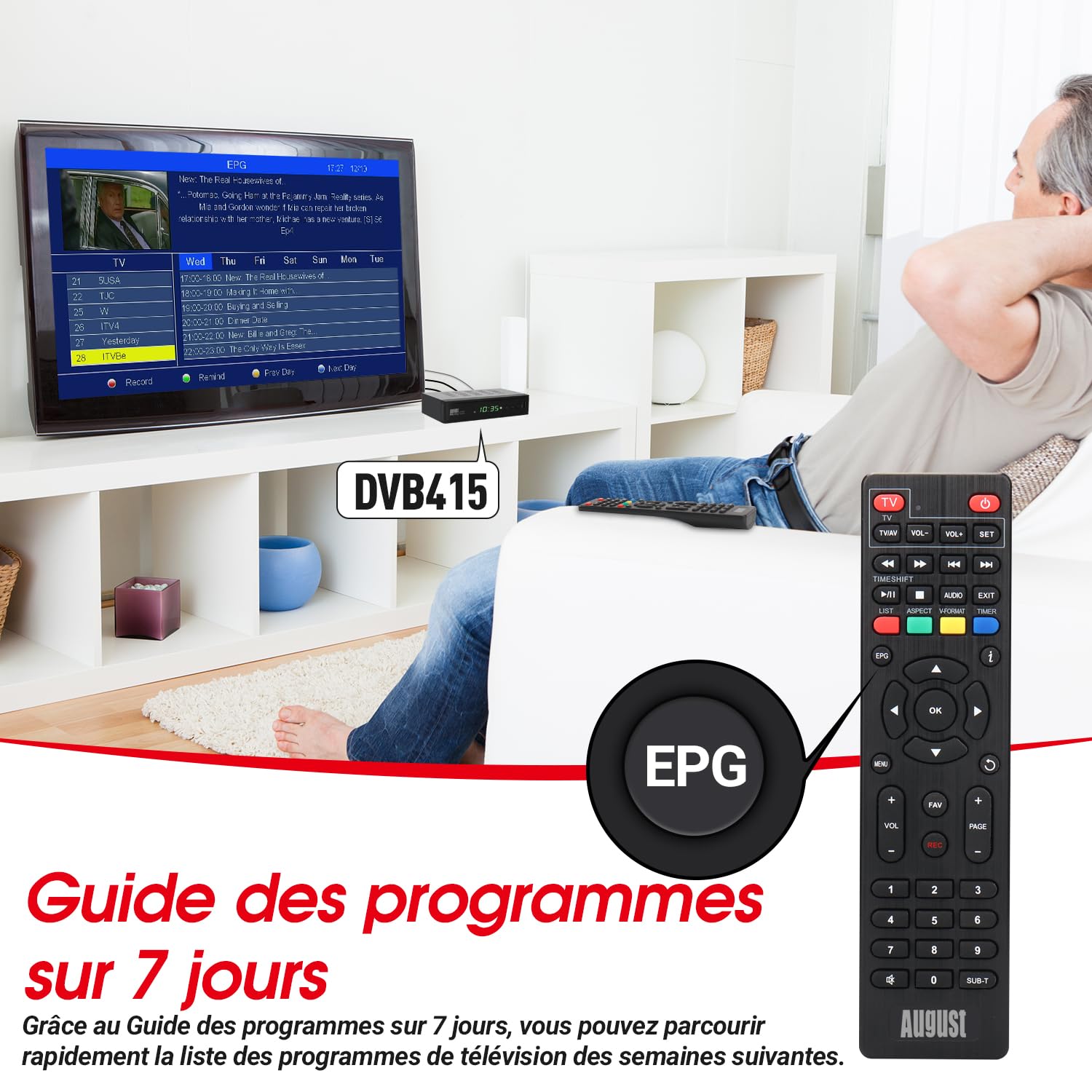 August DVB415 Décodeur et Enregistreur TNT HD - Récepteur HDMI Full HD 1080P avec Lecteur Multimédia PVR pour Enregistrer, EPG, Contrôle du Direct, Contrôle Parental, Péritel, Clé USB 32G Incluse