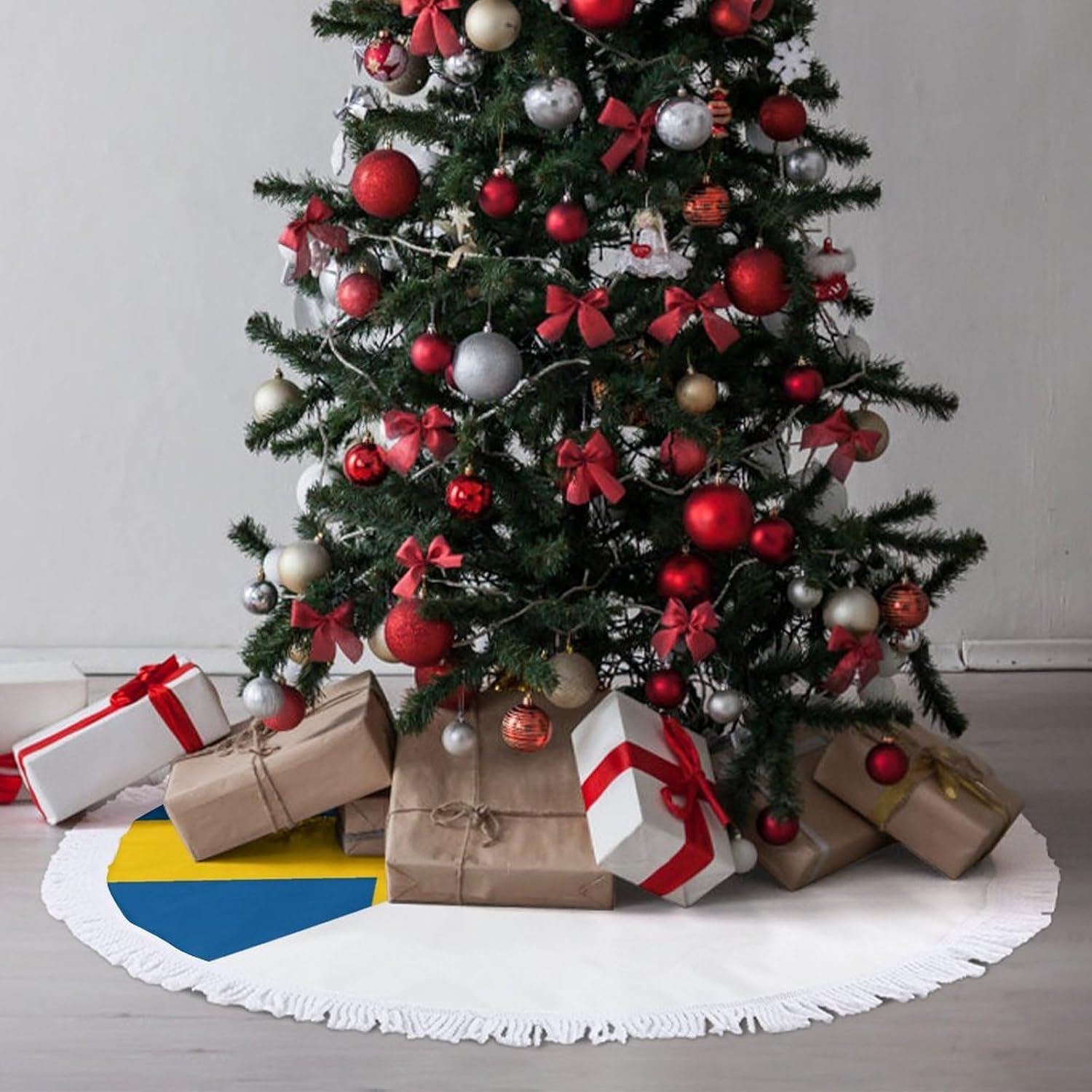 Flag of Indonesia and Sweden Funny Christmas Tree Skirt with Tassels Mat Decorations Under Xmas Trees