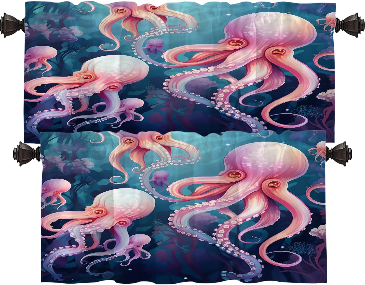 Shrahala Octopus Group Kitchen Valances, Underwater Octopus Scene Half Window Curtain Window Treatment Multilayer Polyester Blackout for Living Room Bathroom 2 Pack 52 X 18 in