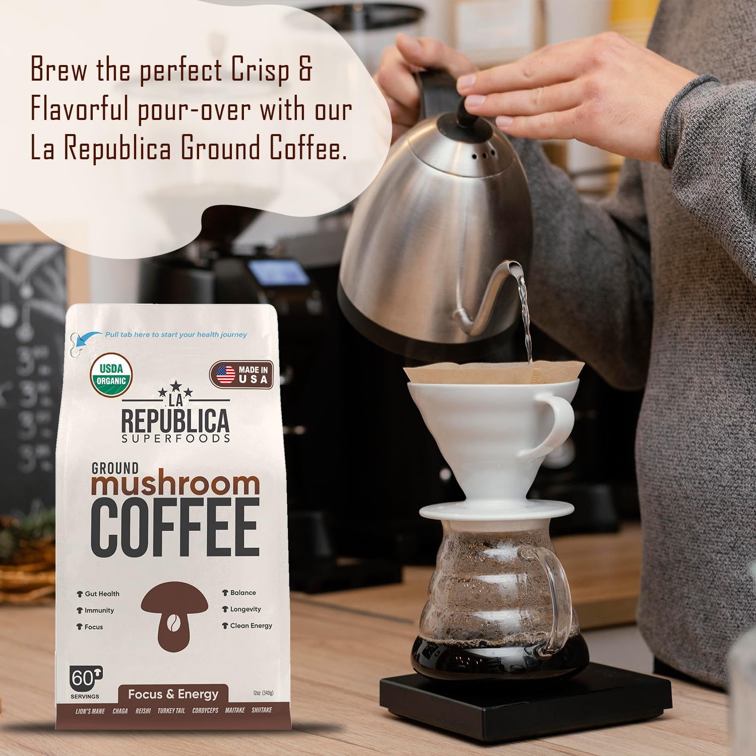 La Republica Organic Mushroom Coffee Ground 2-Pack (120 servings) made w/Shade Grown Arabica Coffee Beans, Lion's Mane, Reishi, Chaga, Cordyceps, Turkey Tail & More I USDA Non-GMO Fairtrade Low Acid