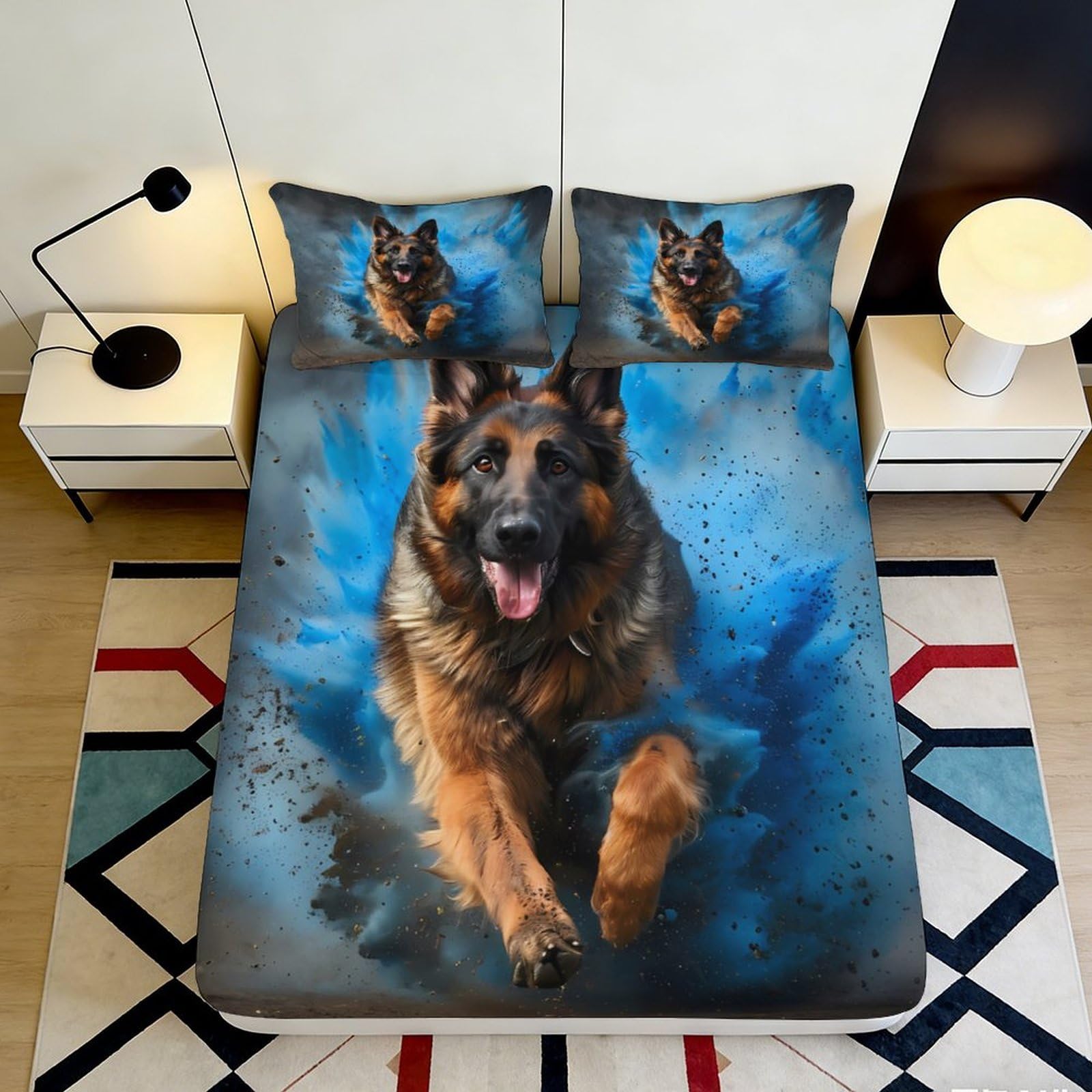 Pnayamiorkfel Style-7 3D Printed German Shepherd Fitted Sheet Microfiber Blue Splash Bed Cover Non-Slip Machine Washable Bedroom Decor 90X200x25cm