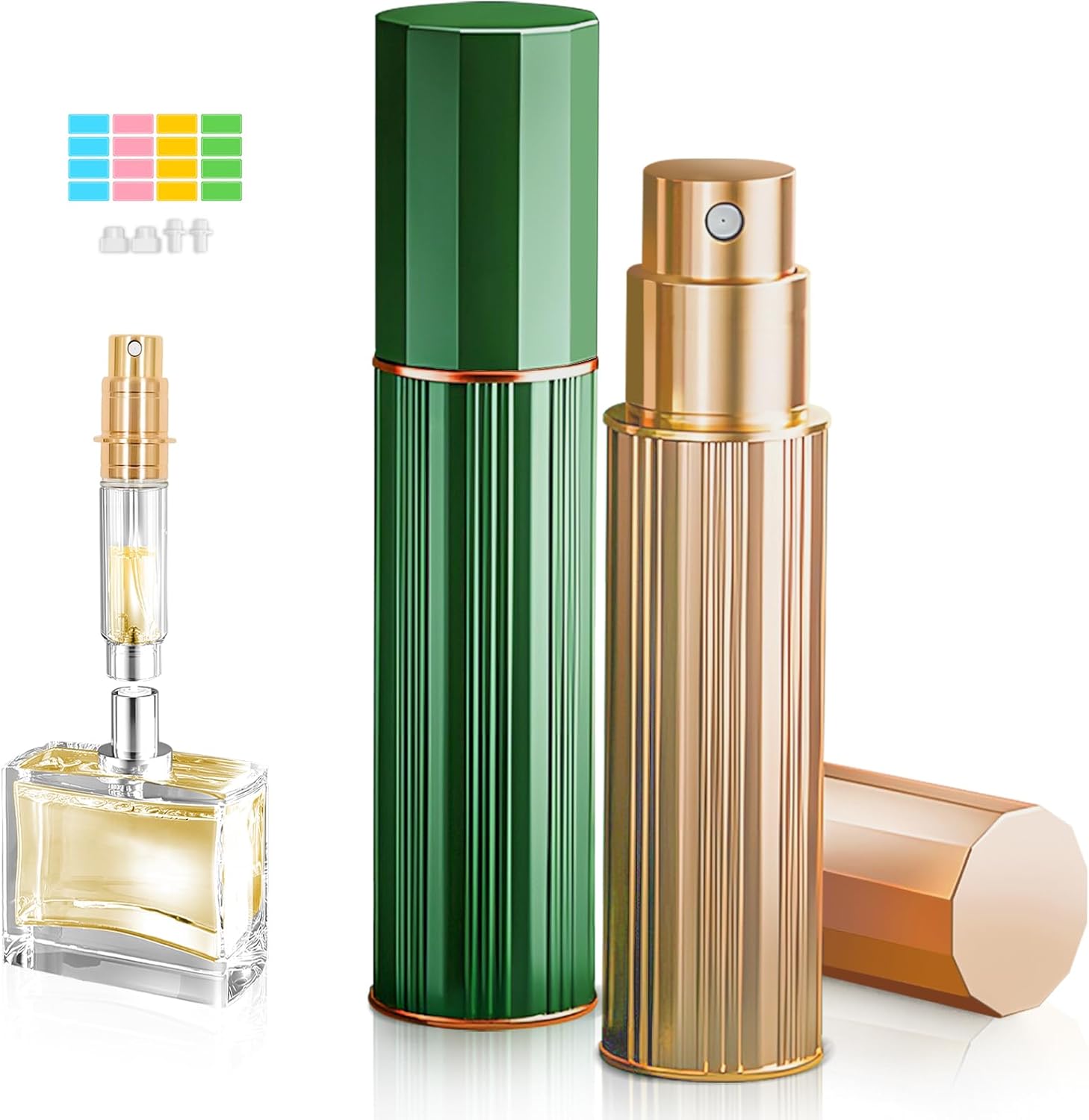 Parfum verstuiver parfum reisfles, 2 stuks 10 ml navulbare verstuiver flessen, lekvrije draagbare mini-spuitfles voor reizen, handtas, zak, ideaal voor vrouwen en mannen, goud en groen