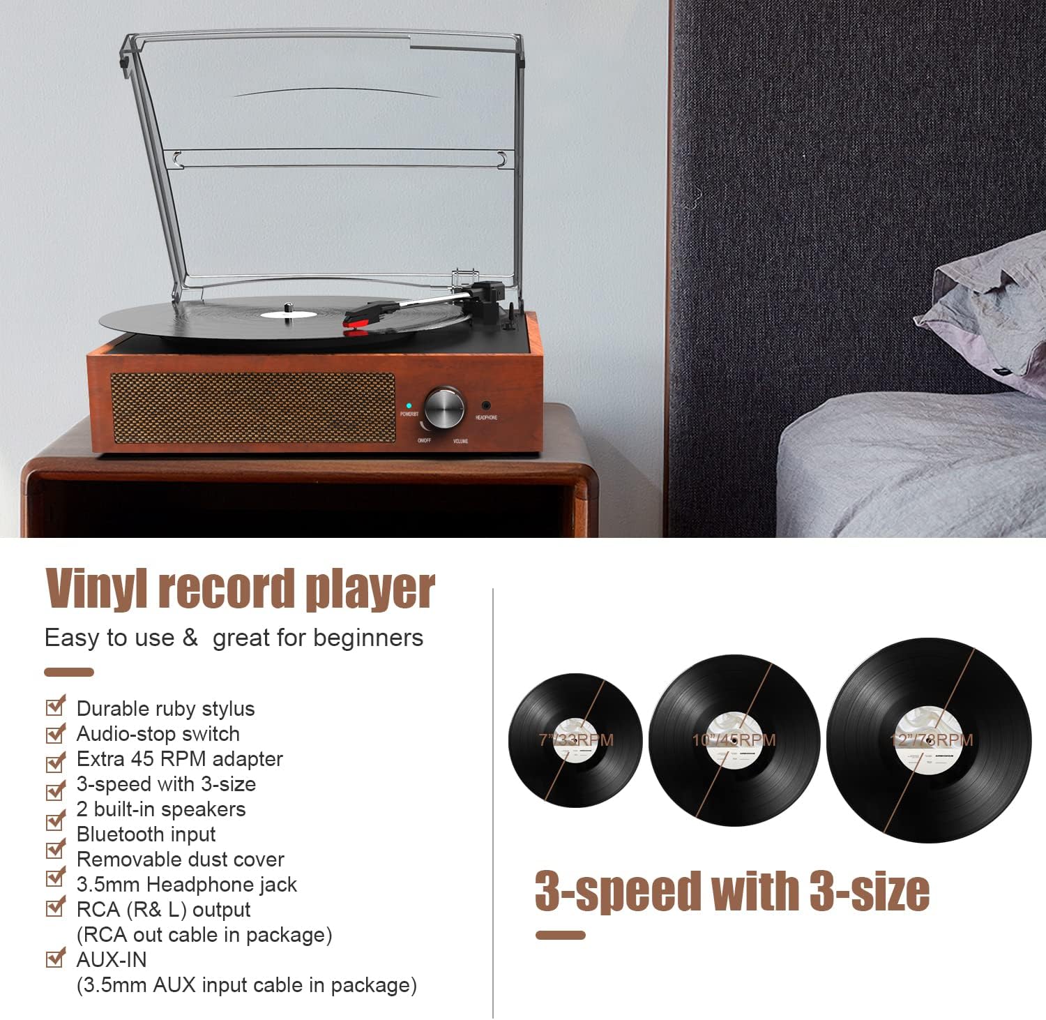 Flash Sale Buy 1 get 1 Record Player Turntable for Vinyl with 2 Built-in Speakers 3-Speed Vintage LP Player, Support Bluetooth in RCA Out Aux in Headphone Jack Black Friday 🔥 Record Player Turntable for Vinyl with 2 Built-in Speakers 3-Speed Vintage LP Player, Support Bluetooth in RCA Out Aux in Headphone Jack