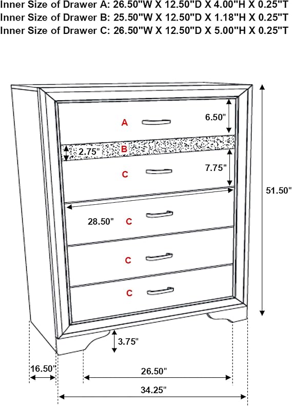 Coaster Home Furnishings Miranda Contemporary Wood 5-Drawer Bedroom Chest of Drawers Chiffonier Clothing Storage Cabinet Bedroom Armoire Tall Dresser Organizer Unit White 205115