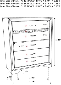 Coaster Home Furnishings Miranda Contemporary Wood 5-Drawer Bedroom Chest of Drawers Chiffonier Clothing Storage Cabinet Bedroom Armoire Tall Dresser Organizer Unit White 205115