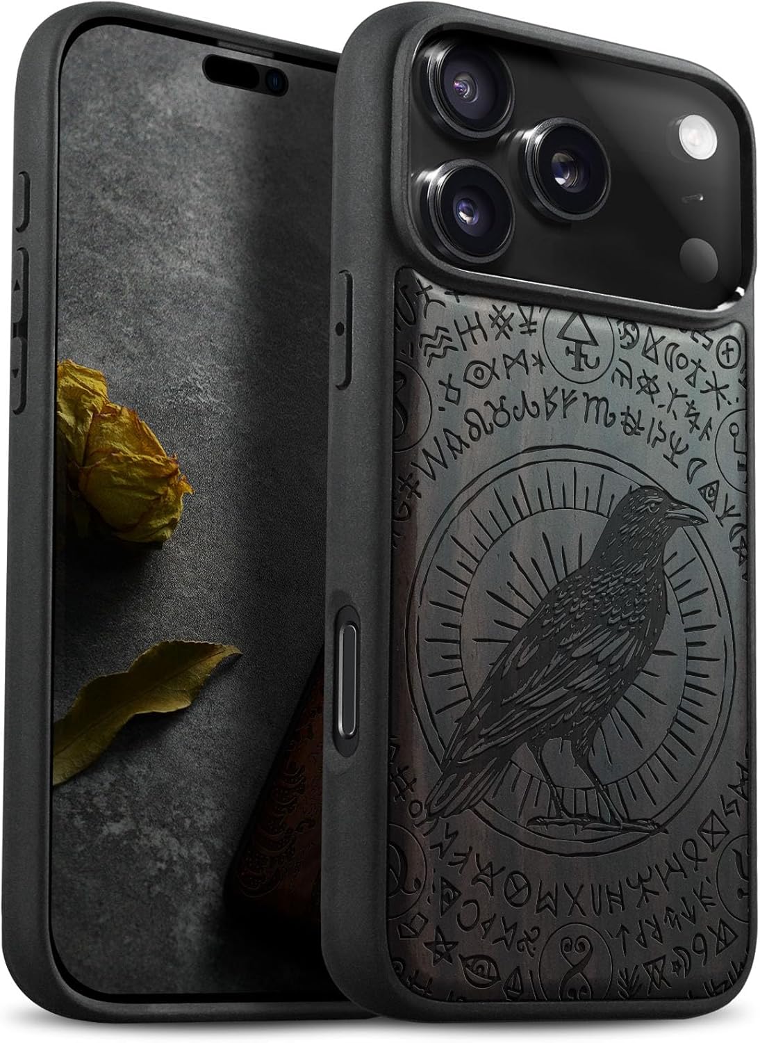 Carveit Magnetic Wooden Case for iPhone 17 Pro Max Case, Wood Artisan Engraved & Black Soft TPU Shockproof Cover, Compatible with MagSafe Wireless Chargers (The Haloed Crow) Blackwood