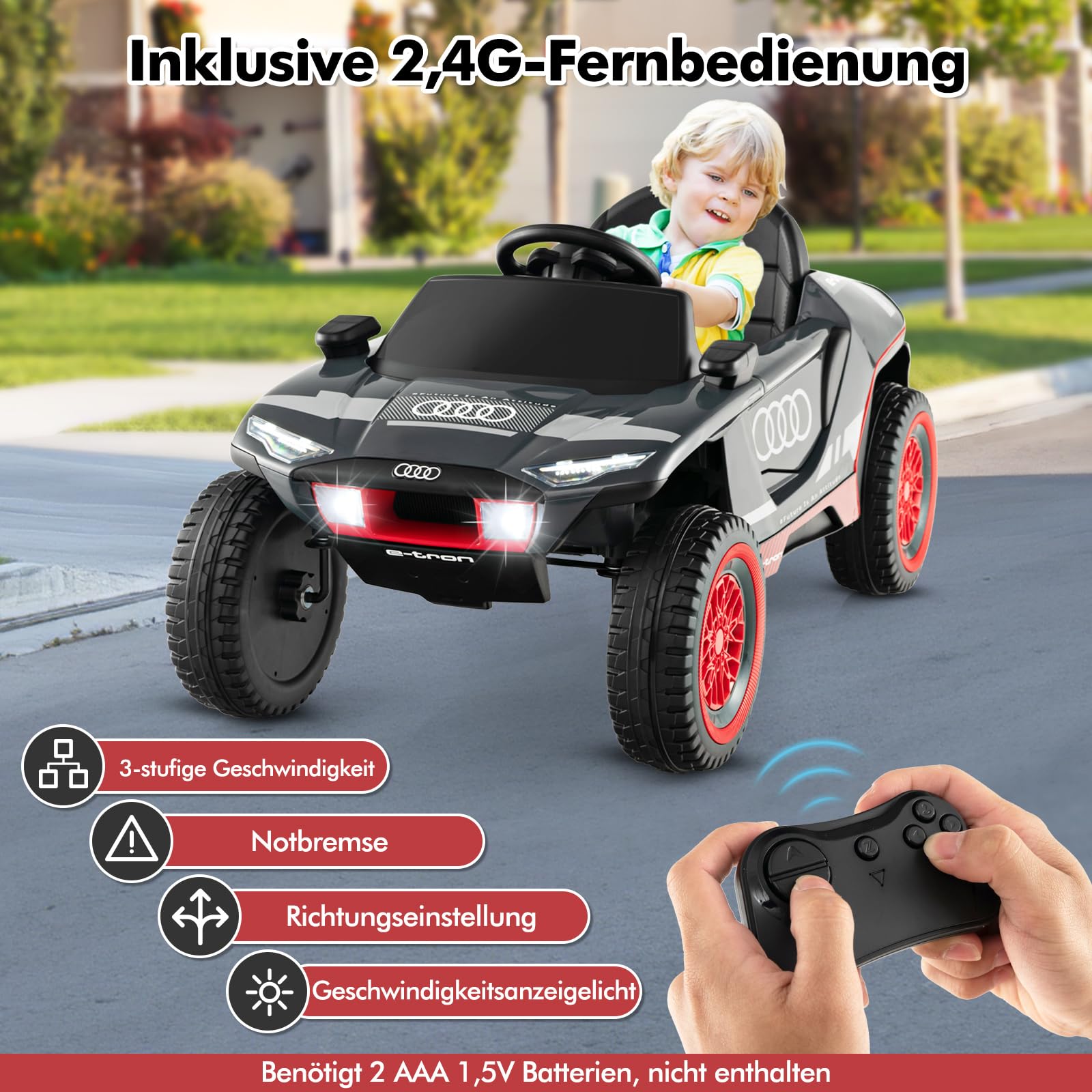 COSTWAY Audi Elektroauto für Kinder, 12V elektrisches Kinderauto mit Fernbedienung & LED-Lichtern & 4 Federungen, Kinderfahrzeug Elektrofahrzeug für Kinder ab 3 Jahren