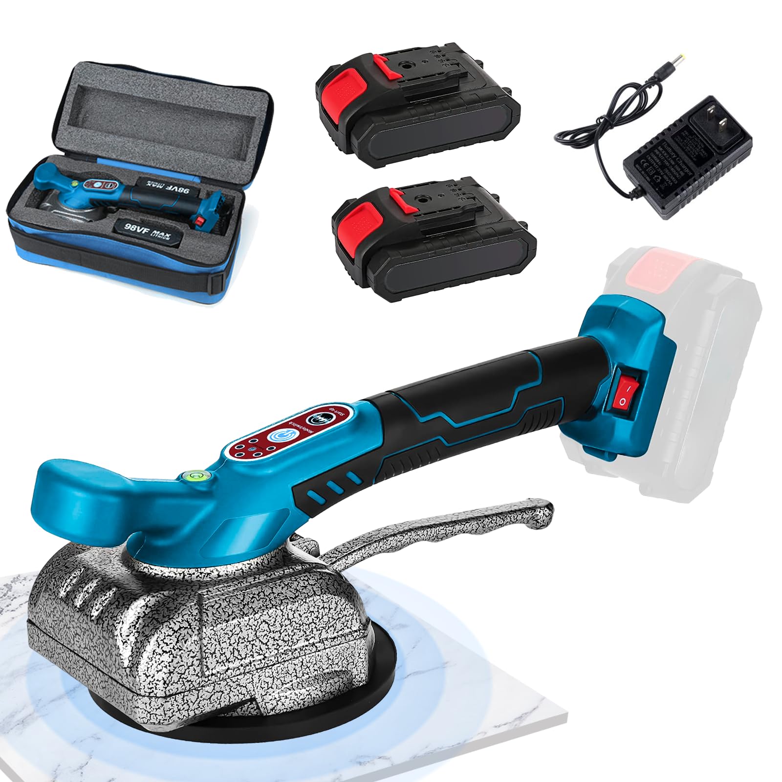 Machine de carrelage 21V, Vibreur Carrelage Manuel Machine avec 2 Batteries, 5 Vitesses Réglable, Tile Vibrator de Carreleur 100kg Capacité d'Adsorption, Machine à Carrelage électrique