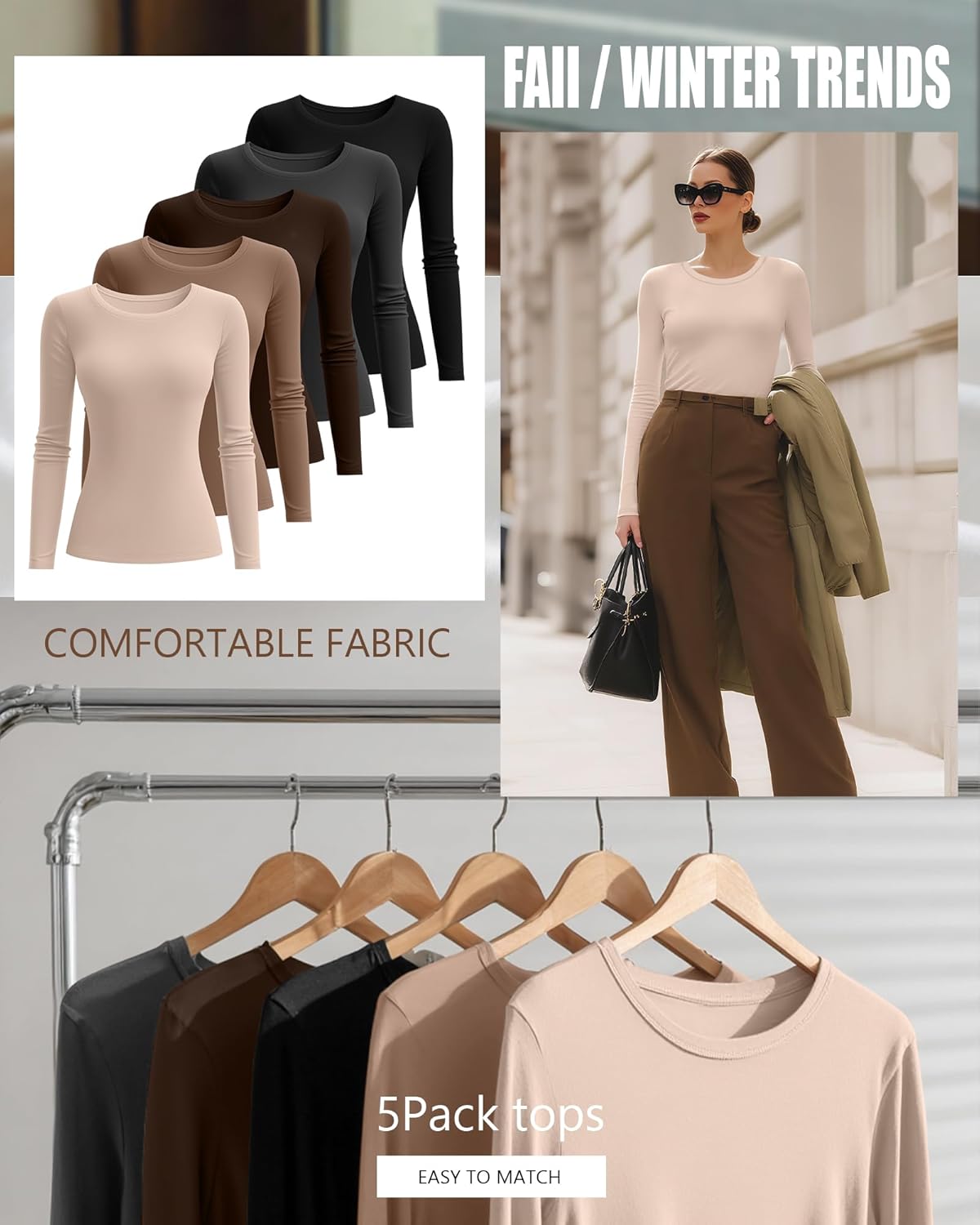 5 Pack Women's Long Sleeve Shirts Slim Fit Crew Neck Basic Tops Multipack Casual Layering Tee Undershirts - Image 5