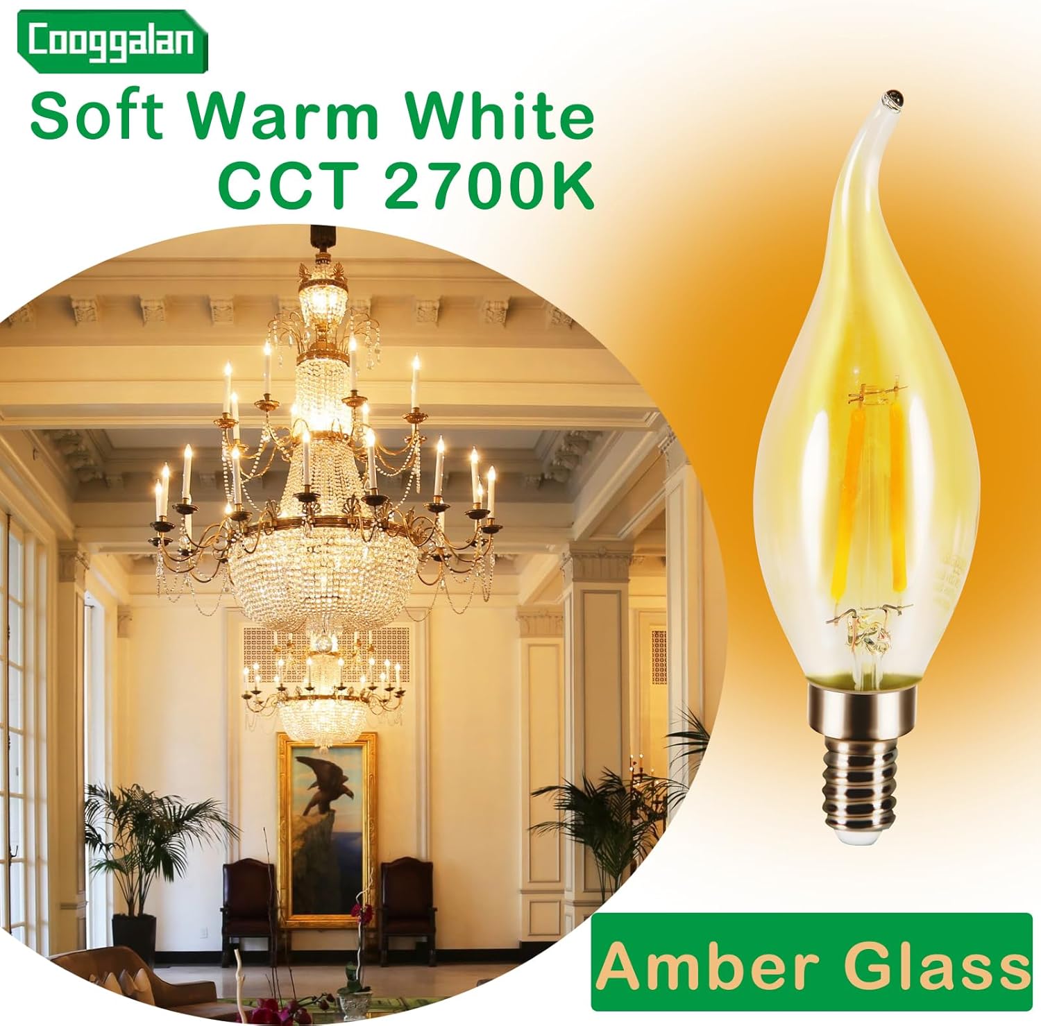 E12 Amber Candelabra LED Light Bulb Dimmable, 25 Watts Equivalent Flame Tip Chandelier Light Bulbs CA11 2W, Filament Decorative Vintage Candle Bulb, Warm White 2700K, CRI 90, 12 Pack