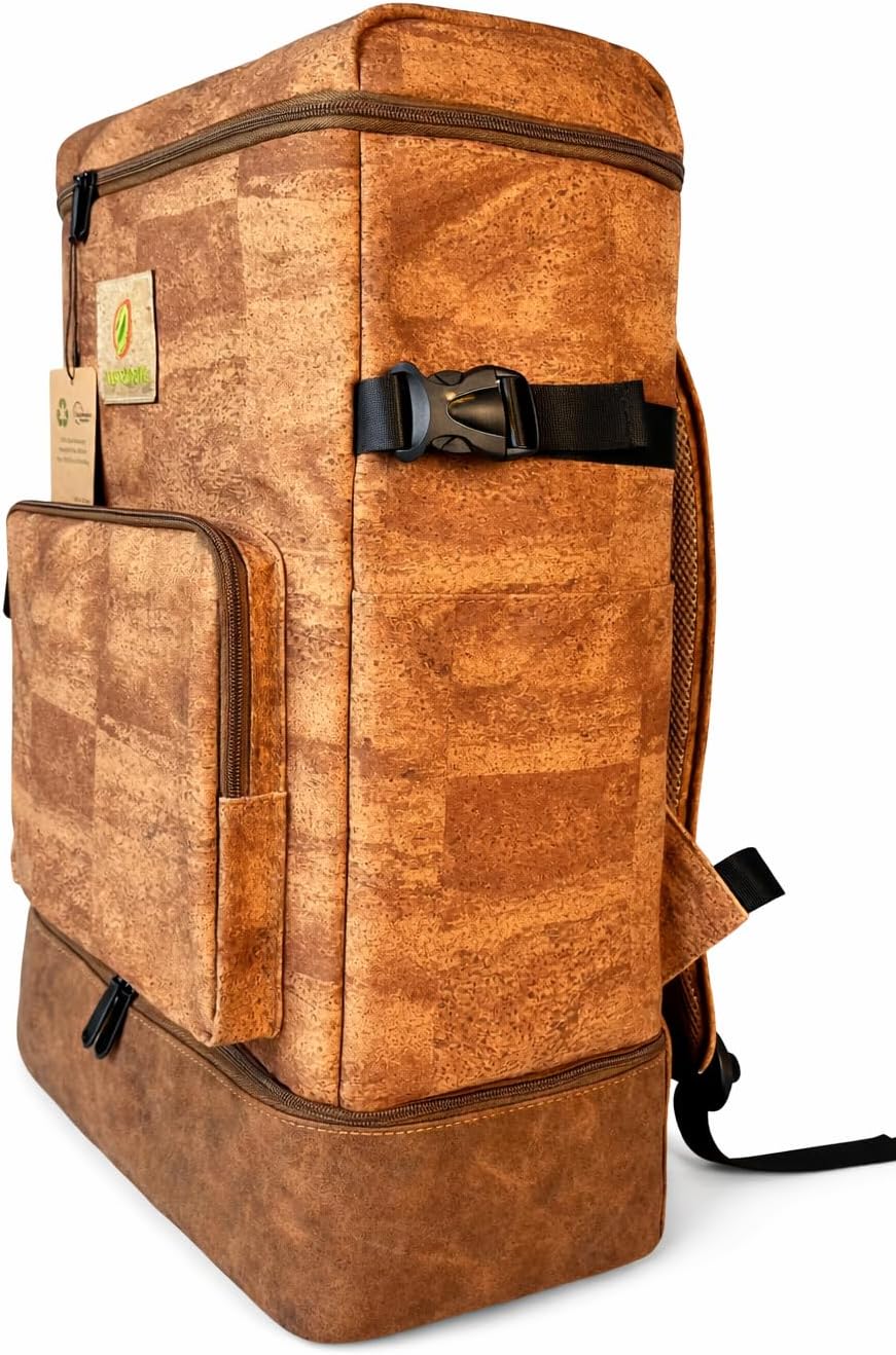 W/Luggage Strap, Travel Backpack with Shoe Compartment,Fits 14" Laptop, Water Resistant Durable Backpack,Eco-Friendly Cork & Recycled Material, Vintage Style