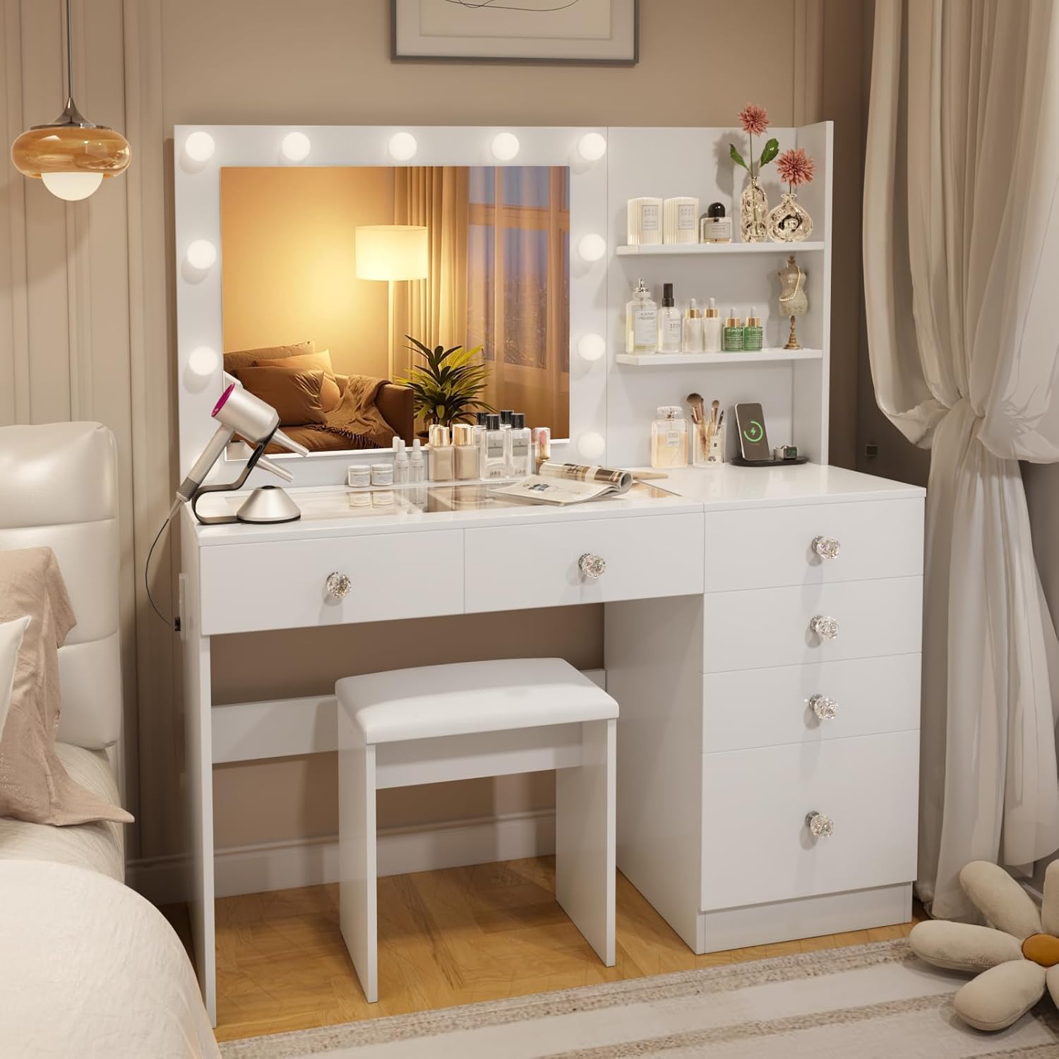 VOWNER 47" Vanity with Glass Top - Makeup Vanity Desk with Outlet, 6 Drawers, 3 Storage Shelves and Mirror, 3 Color Lighting with Dimming Brightness, Makeup Desk with Stool for Bedroom, White