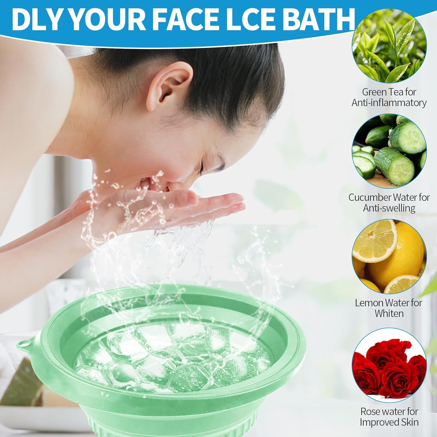 2PCS Face Ice Bath Bowl Foldable Basin with Built-in Ice Tray Collapsible Silicone Bowl for Dipping Face Bath Portable Spa Tool for Home & Travel Reducing Puffiness (Green)