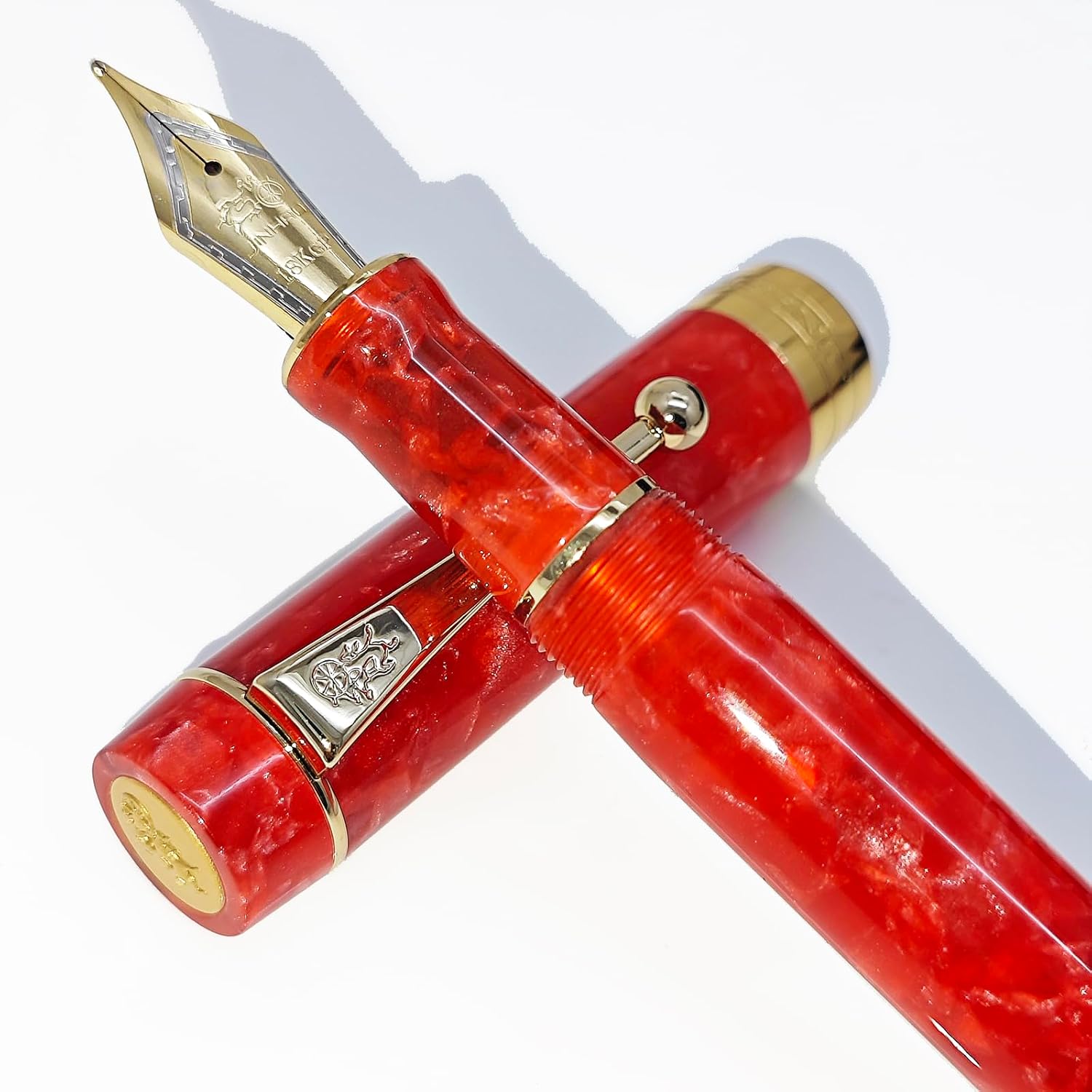 Jinhao 100 Classic Fountain Pen Rainbow Marble Celluloid, Medium Nib with Converter and Pen Case Set （Peacock Blue） (Cherry Red, Black+Blue)