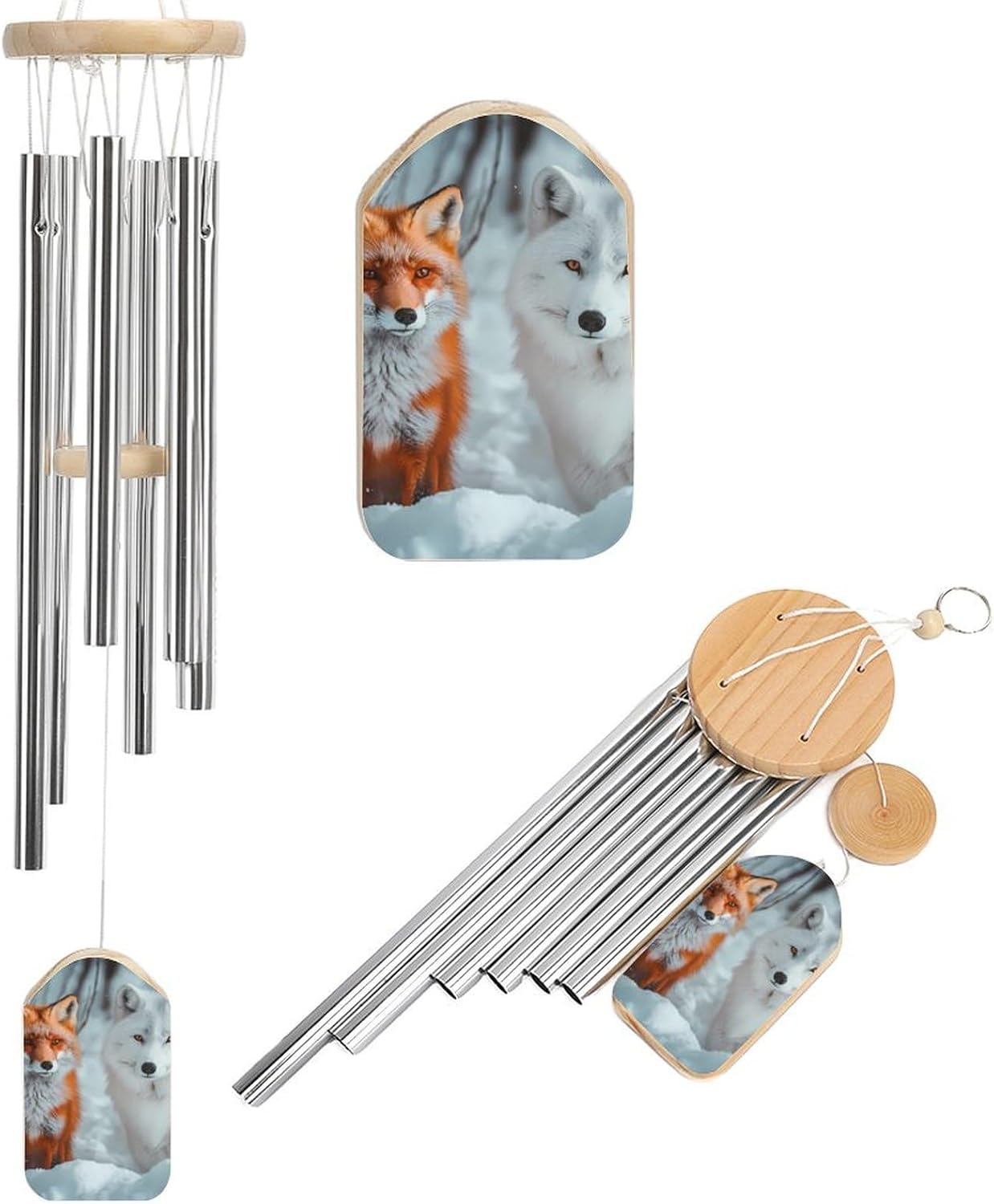 Red Fox and Wolf Wooden Wind Chimes Deep Tone Memorial Windchime for Outside Garden Home Decoration