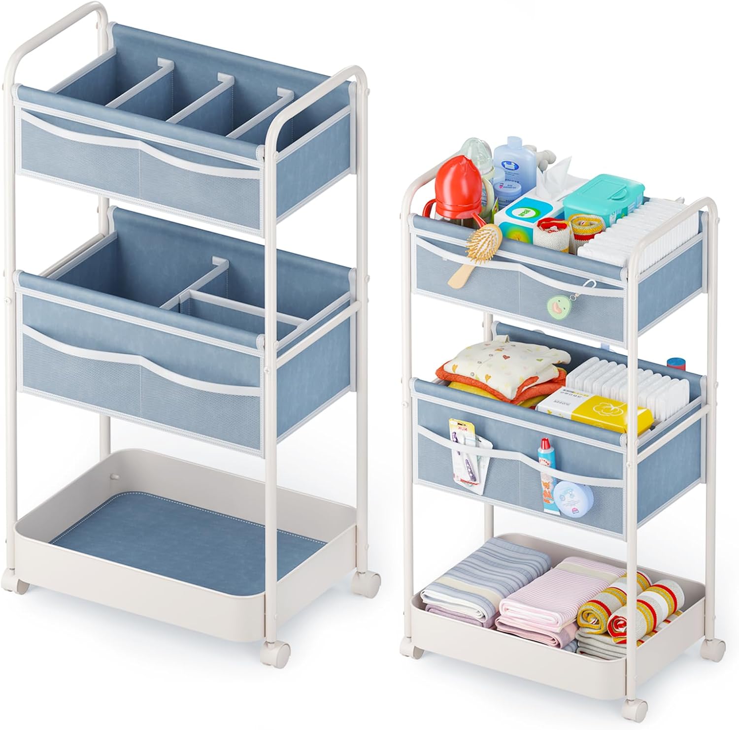 Baby Diaper Caddy, Premium Metal& Felt Movable Cart with Dividers for Newborn Nursery Essentials, Large Capacity Rolling Diaper Storage Caddy Organizer for Changing Table &Crib, Easy Assembly- Gray