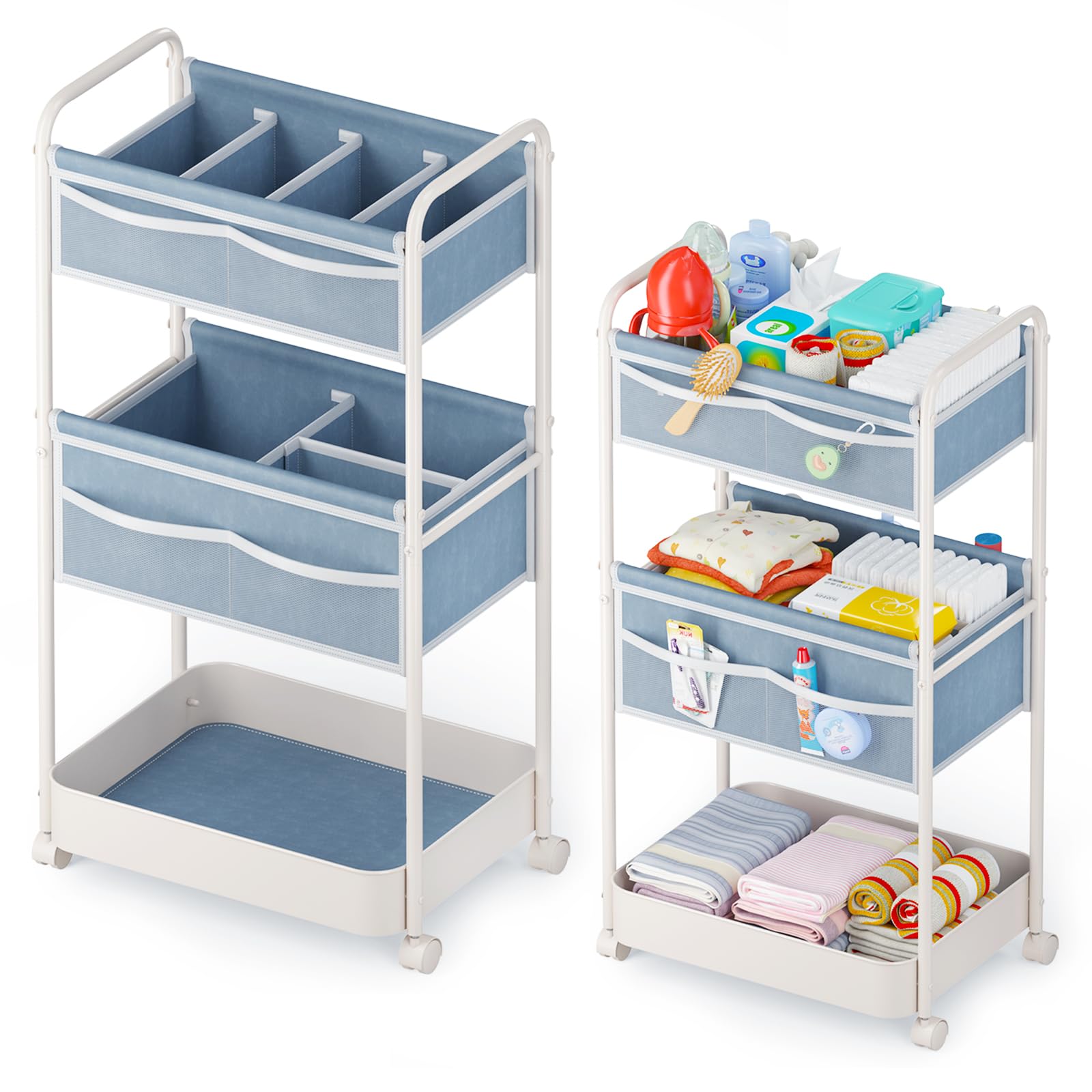 Baby Diaper Caddy, Premium Metal& Felt Movable Cart with Dividers for Newborn Nursery Essentials, Large Capacity Rolling Diaper Storage Caddy Organizer for Changing Table &Crib, Easy Assembly- Gray