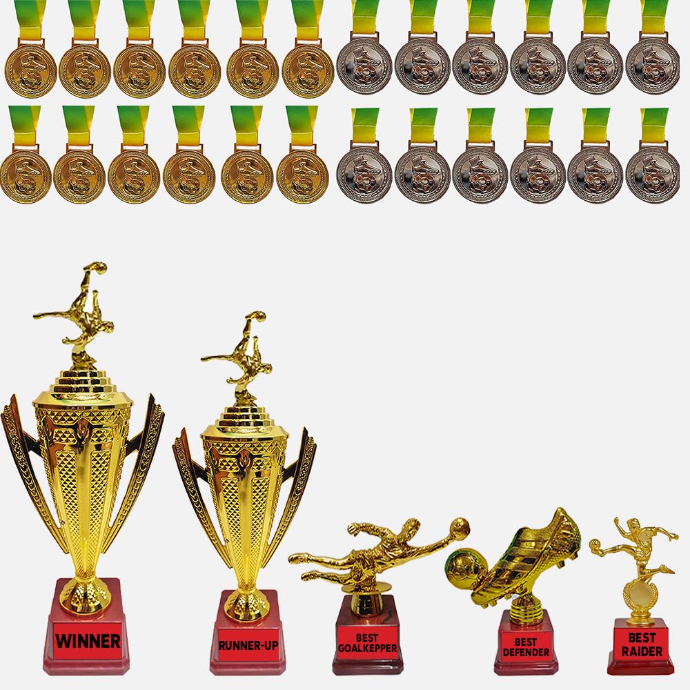 BareezePure Football Trophy Set Contains Winner Trophy,Runnerup Trophy,Best Goalkeeper Trophy,Best Raider,Best Defender, 24pcs Football Medals (B0CJ3BF8CZ) Amazon Price History, Amazon Price Tracker