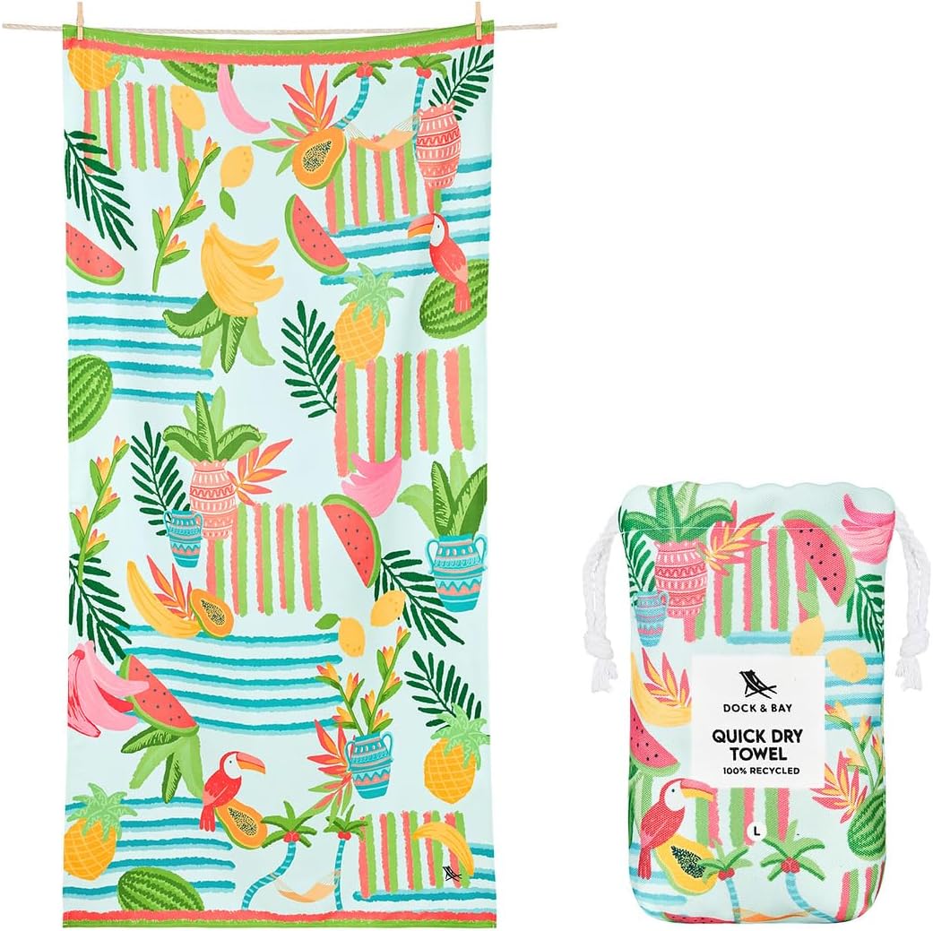 Dock & Bay Beach Towel - Quick Dry, Sand Free - Compact, Lightweight - 100% Recycled - Includes Bag - Tropicana Treat, Extra Large (200x90cm, 78x35)