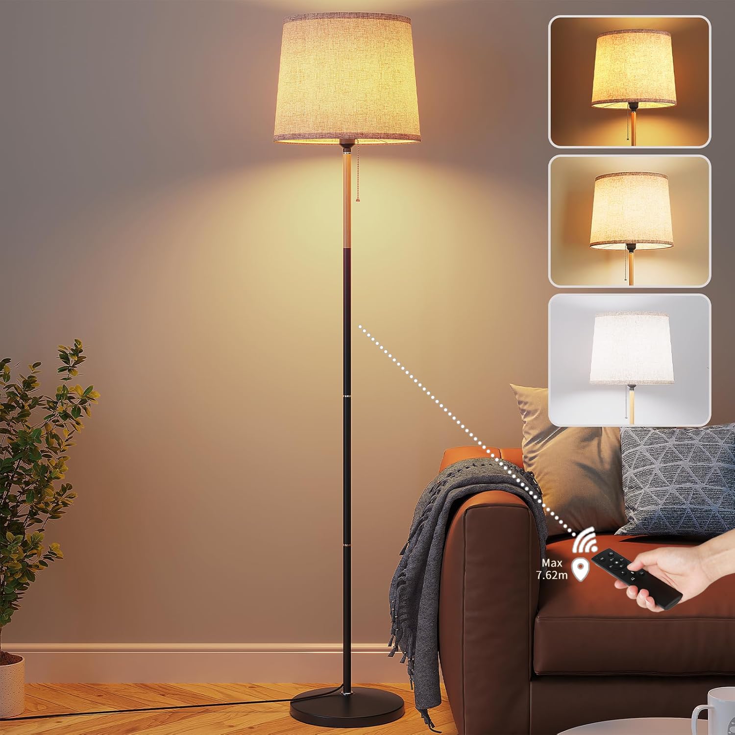 Clevich Floor Lamp with Remote Control, 60” Dimmable Standing Lamp with Linen Shade, 3 Colour Temperatures 3000K-6500K, 1-Hour Timer & Memory Function, Standard Lamp for Living Room Bedroom Office