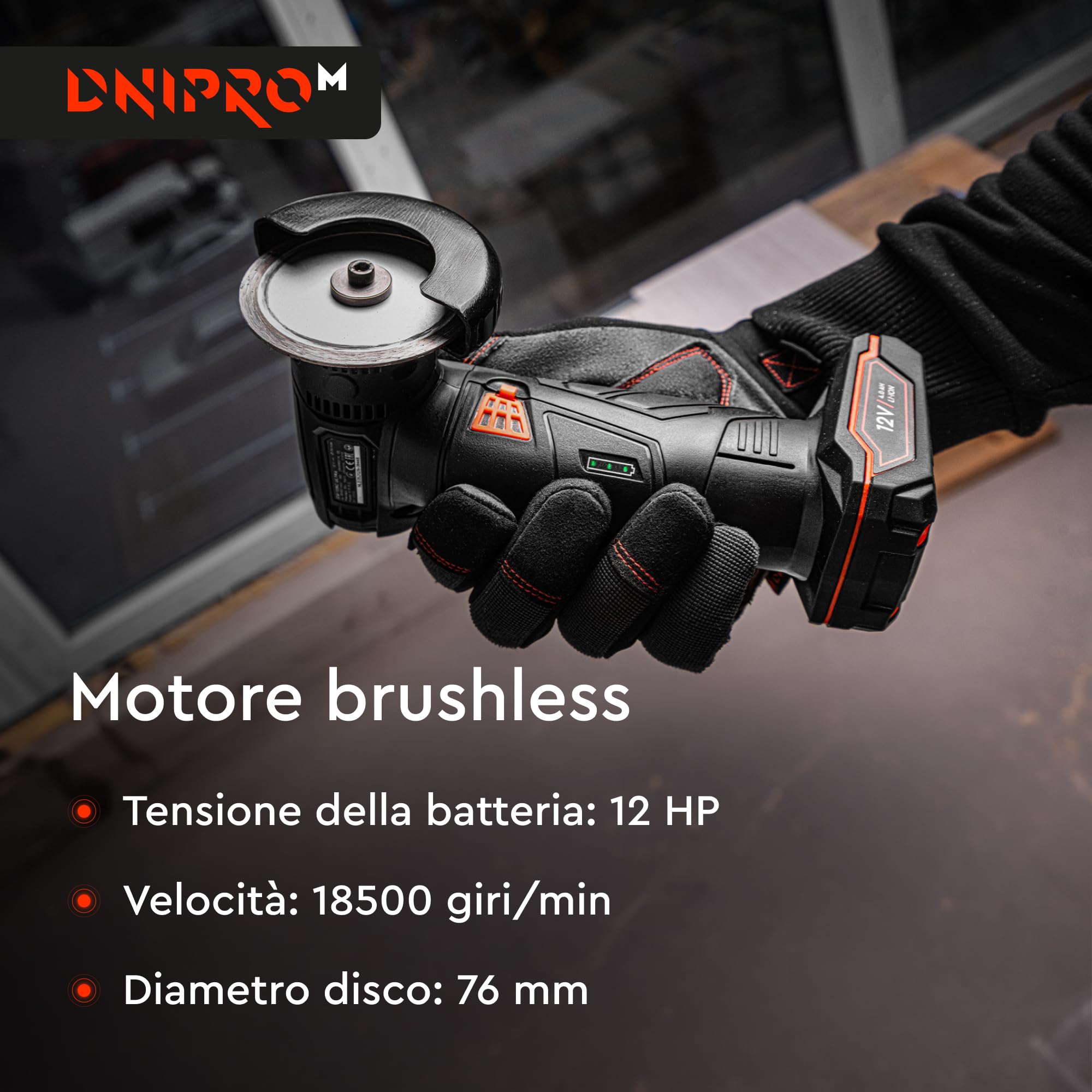 Mini Smerigliatrice Angolare a Batteria 12V, 76mm. Motore Senza Spazzole, 18500 rpm, per Taglio, Lucidatura e Levigatura. Include 2 batterie 2Ah, caricatore e 7 dischi. CG-12BC Ultra