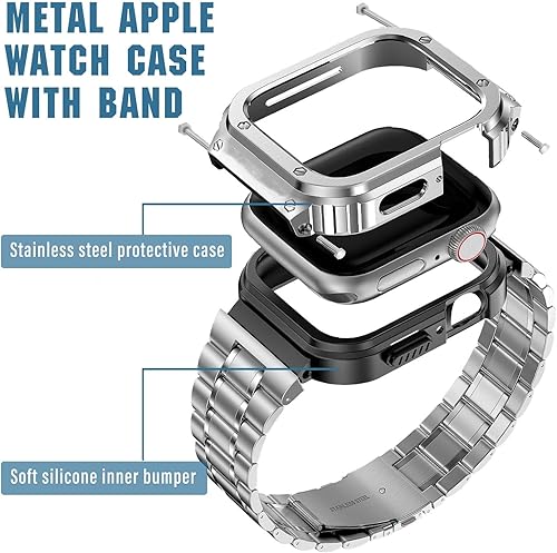 Miniatura 5 de MioHHR Correa de reloj de acero inoxidable con funda compatible con Apple Watch Ultra Band 1929in Series 87 1614in 1772in Series 654SE 1575in 1732in