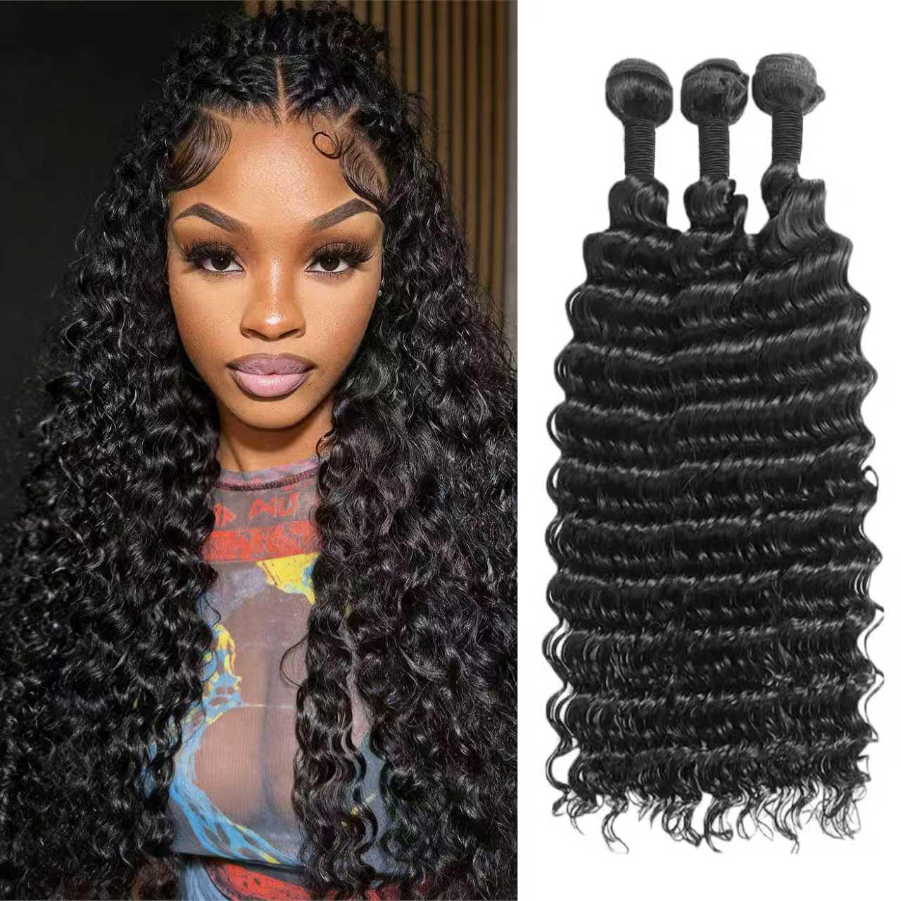 TNICE Deep Wave Human Hair Bundle Brazilian Virgin Curly Hair 18 20 22 Inch | Deep Wave Human Hair Bundles 3Bundles 100% Unprocessed Brazilian Virgin Wet and Wavy Weave Extensions for Women Natural Black