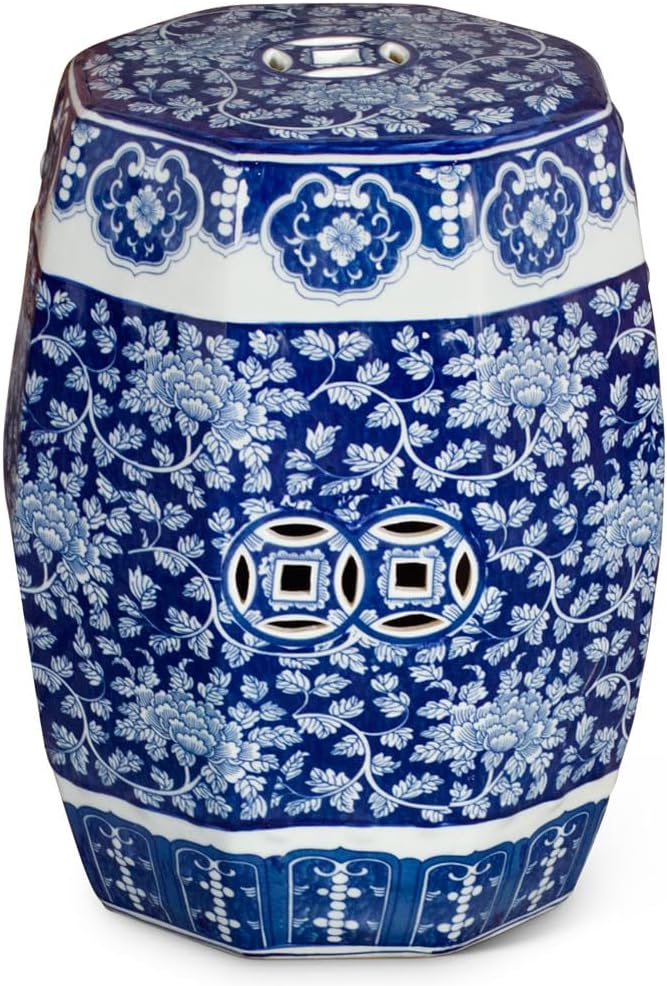 ChinaFurnitureOnline Blue & White Porcelain Octagonal Chinese Palace Garden Stool with Peony Flower Motif