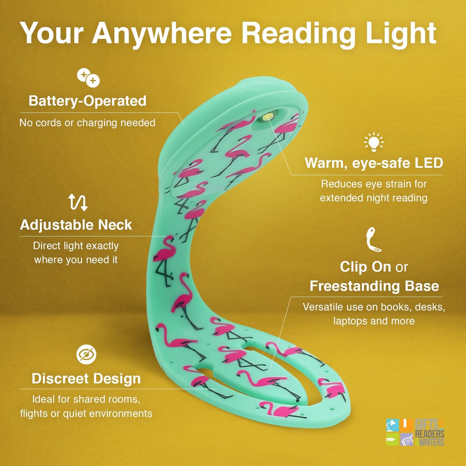 Gifts for Readers & Writers Book Light, Clip On Reading Light for Bed, 2in1 Flexilight & Bookmark, Small & Lightweight with a Soft Glow, 2 Batteries Included, Flamingo image 3