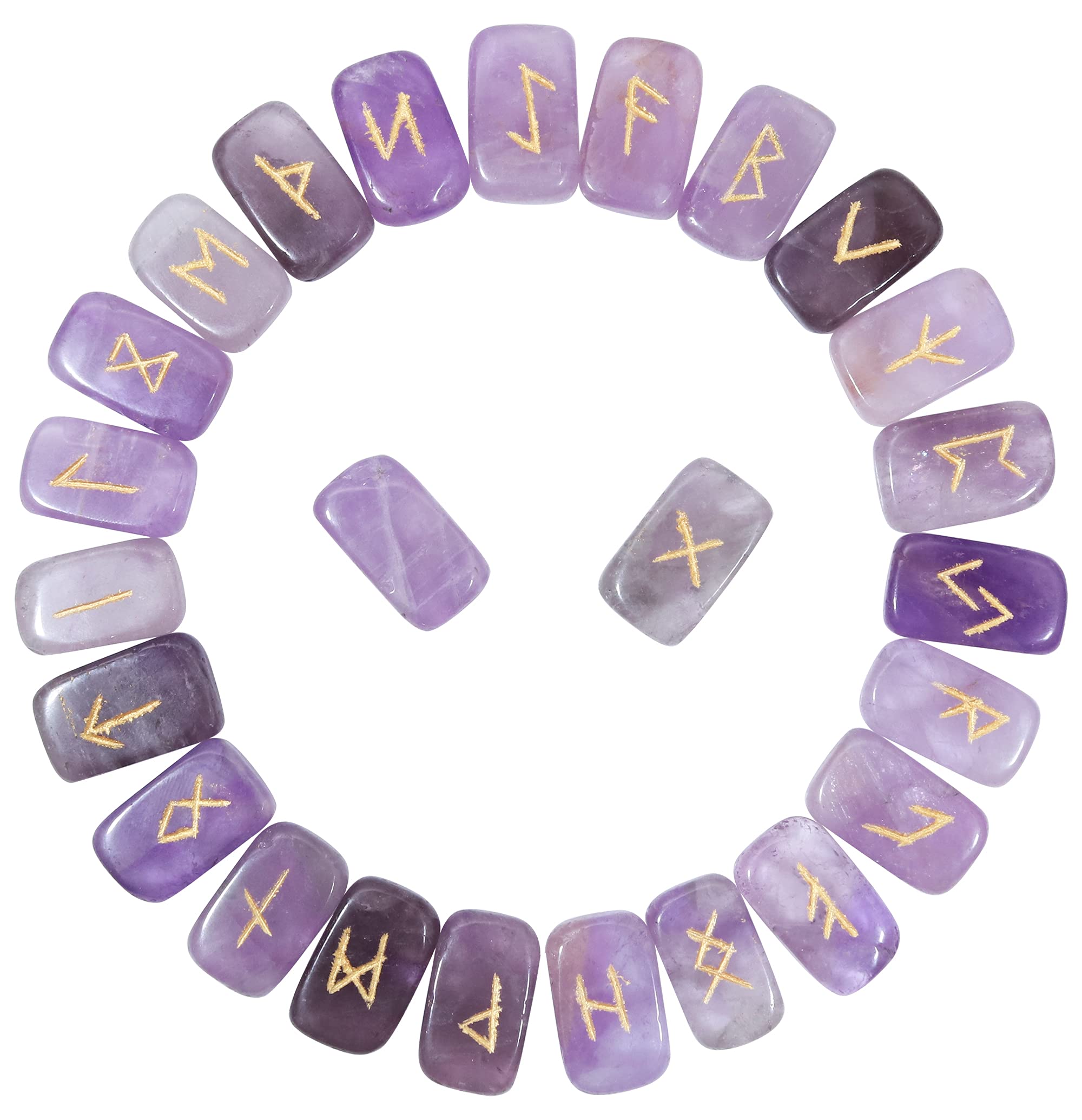 Hindcraft Amethyst Rune Set - 25 Pcs Rectangle Gemstones with Engraved Elder Futhark Alphabet for Crystal Divination, Metaphysical Healing, Chakra, Reiki - Includes Pouch, 20-25mm