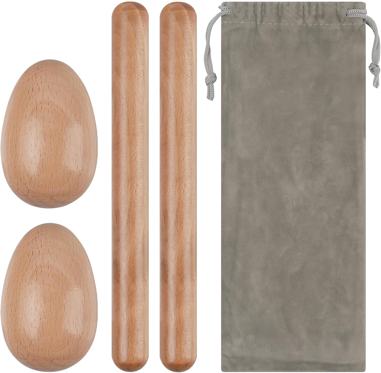 Wood Percussion Instruments, 1 Pair 8 Inches Rhythm Stick Mallets, 1 Pair Wooden Egg Shakers and 1 Storage Bag for Easter Party or Christmas Stocking Stuffers Gifts Musical Instrument