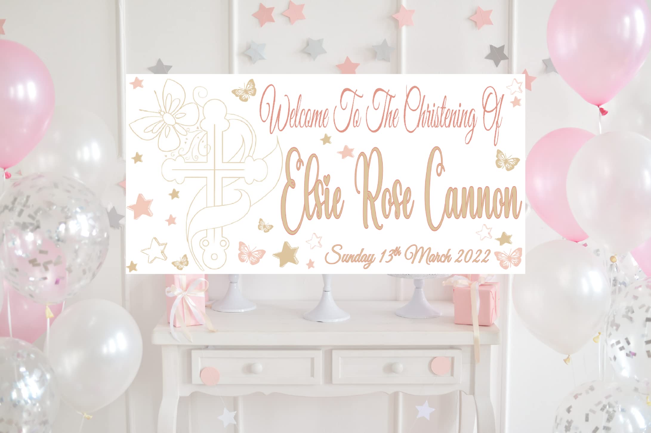 Large Personalised Christening Banners with photo Rose Gold Decorations for Baptism Confirmation Holy Communion Poster Sign Backdrop Girls Party (Vertical Poster 4ft)