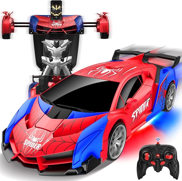Spider Toys Transform RC Cars Toys with Underbody Lights, 2.4GHz Remote Control Car One-Button Deformation, Fast 360°Rotation Robot Toys, Birthday Gifts for 3 4 5 6 7 8 9 10 11 12 Year Old Boys
