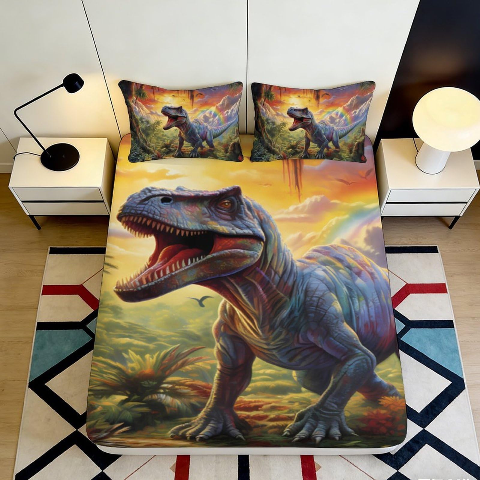 3D Printed Dinosaur Sunset Fitted Sheet Microfiber Soft Mattress Cover Jungle Adventure Bed Decor for Bedroom Dorm 160x200x25cm