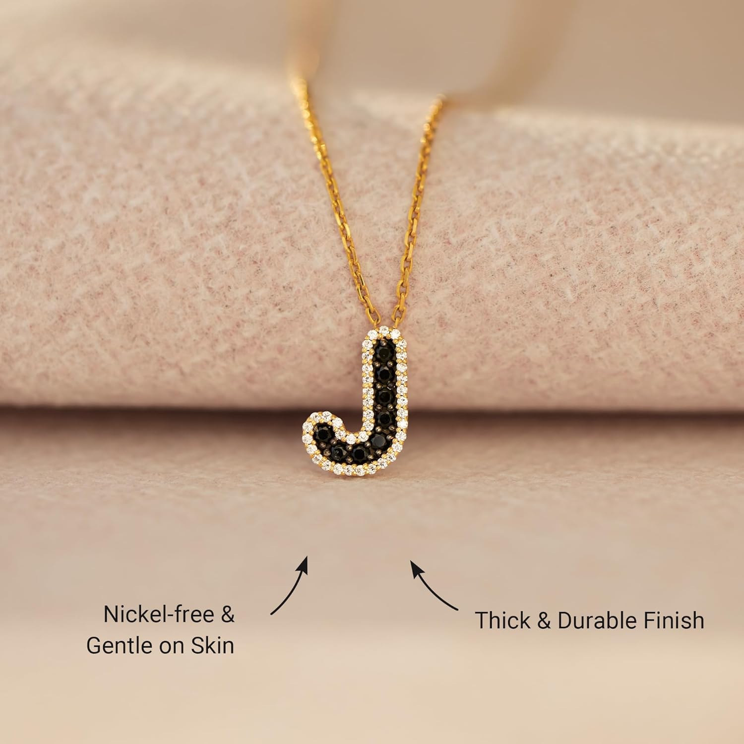 STORYJEWELLERY Black Initial Necklaces for Women, 18K Gold Plated Pendant Necklace with Cubic Zirconia Letter Charm, Dainty Black Jewelry with Initials, Gifts for Women - Image 3