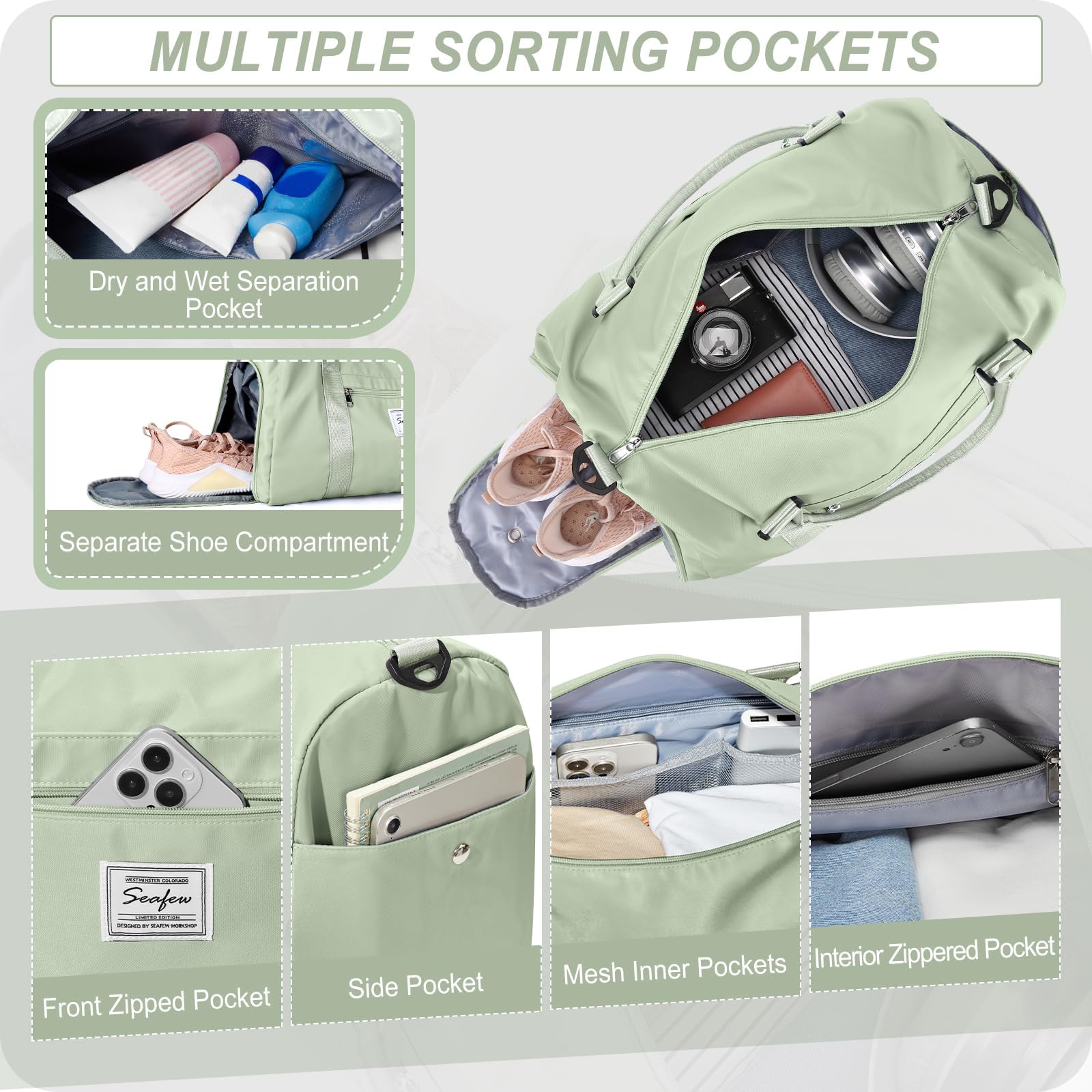 HYC00 Borsone Palestra Donna Uomo con Scomparto Scarpe Borsone da Viaggio Sportivo Borse da Palestra Grande per Donna Borsa Piscina Fitness Borsa per Ospedale Weekend Duffel Bag per Yoga,Erba Verde