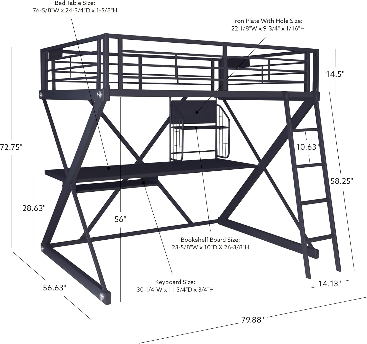 Z-Bedroom Metal Black Powder Coated Full Size Loft Study Bunk Bed with Computer Desk by Powell