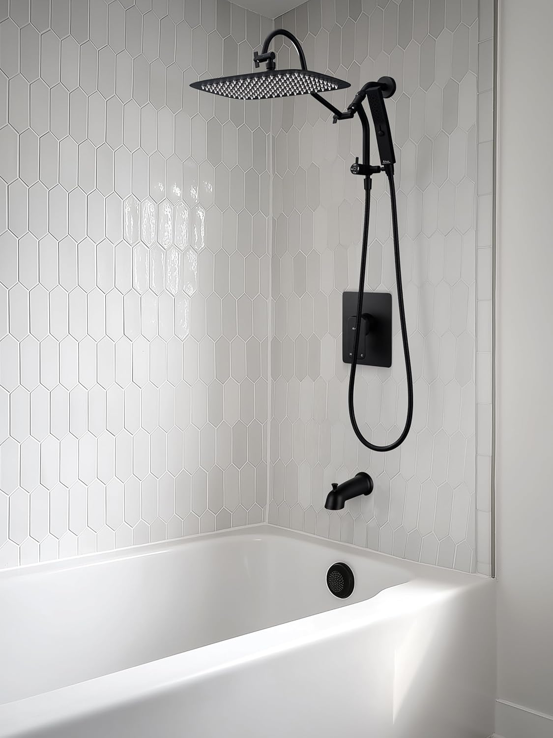 G-Promise 14 Inches Shower faucet Sets Complete, All Metal Rainfall Shower Head and Handle Set, Extended Downward Diverter, Extension Arm, Pressure Balance Rough-in Valve and Tub Spout Included